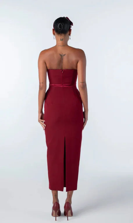 Women Sexy Strapless Bow Bodycon Mid-calf Dress Celebrate Birthday Party Date Cocktail Outfit High Quality