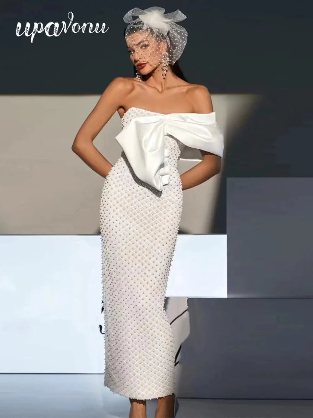 2024 Sexy Women's Heavy Industry Nail Bead Dress Shoulder Collar Bodycon Backless Midi Dress Cocktail Evening Party Vestidos