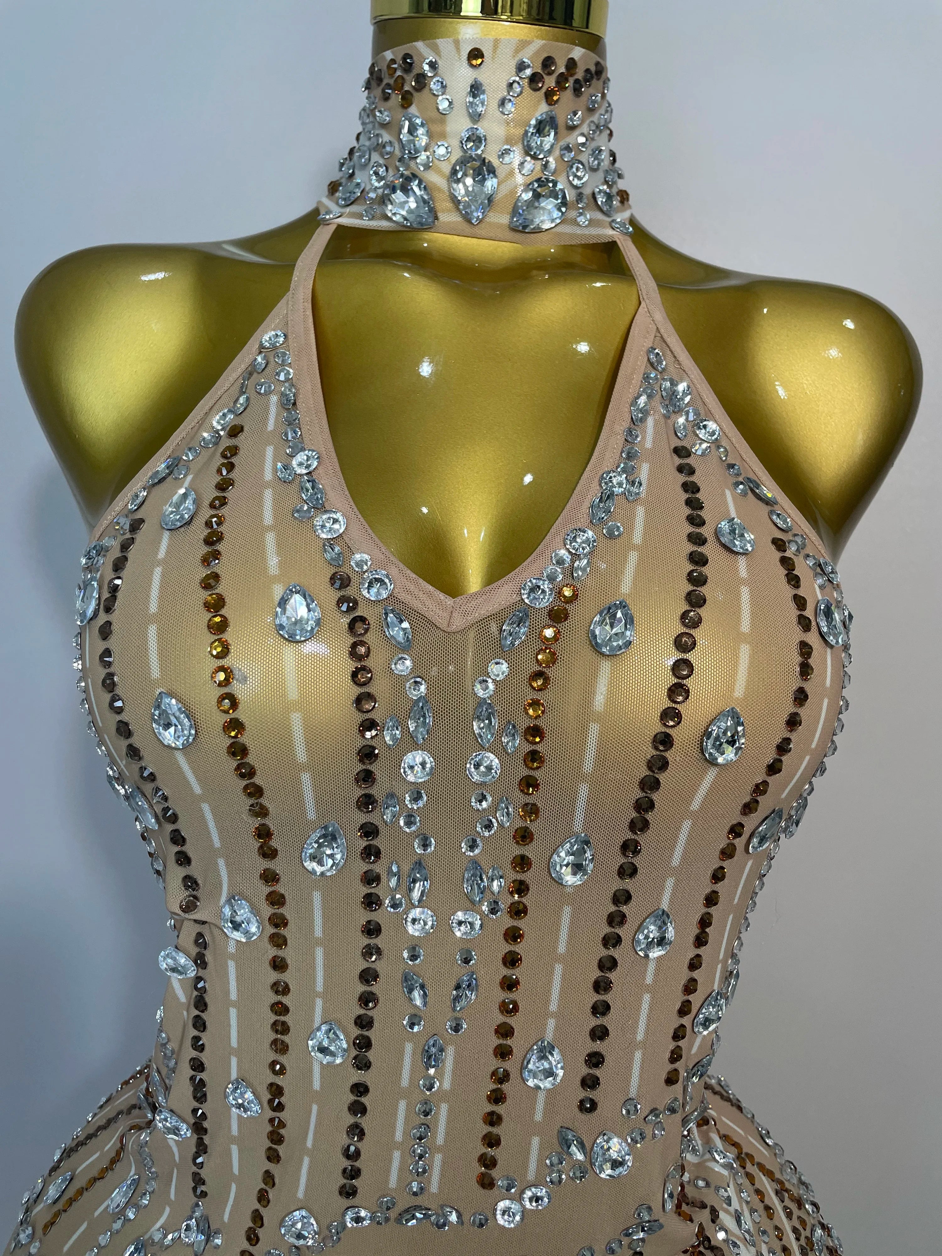Sparkly Sexy Crystal  Floor-Length Feathers Maxi Dress  Elegant  Evening Party Birthday Performance Prom Dance Stage Costume