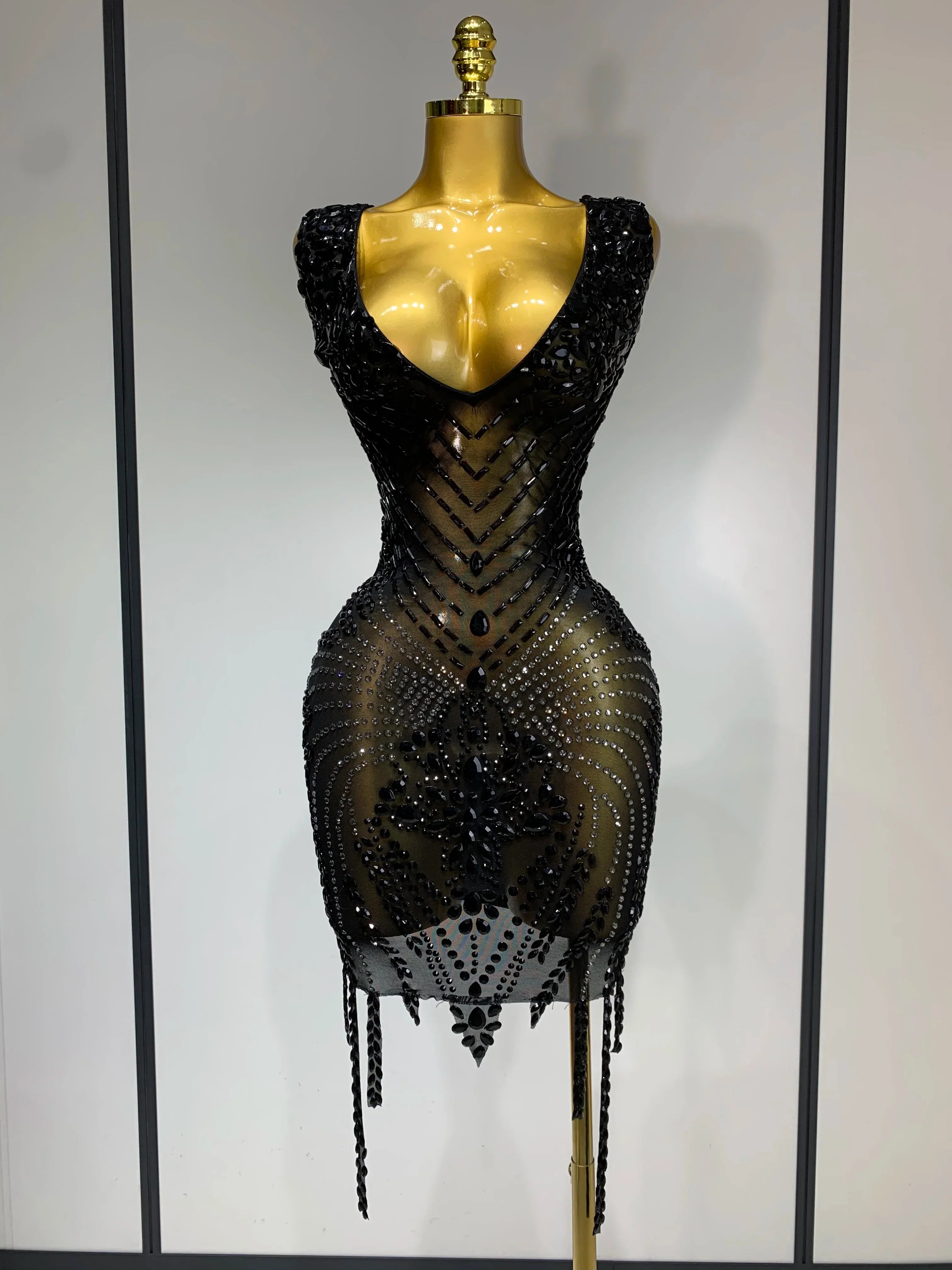 Women Sexy Stage Performance Outfit Sparkly Rhinestones Bodycon Dress Birthday Celebrate Evening Party Nightclub Mesh Dress black