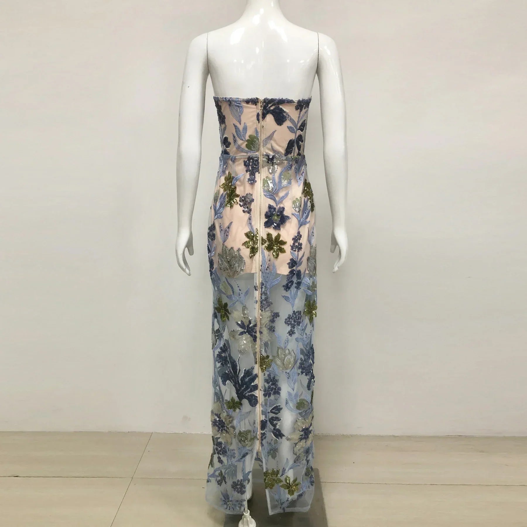 Sequin Flower Embroidery Sexy Mesh See Through Strapless Ankle Length Dress Woman Evening Party Dress Celebrity Cocktail Vestido