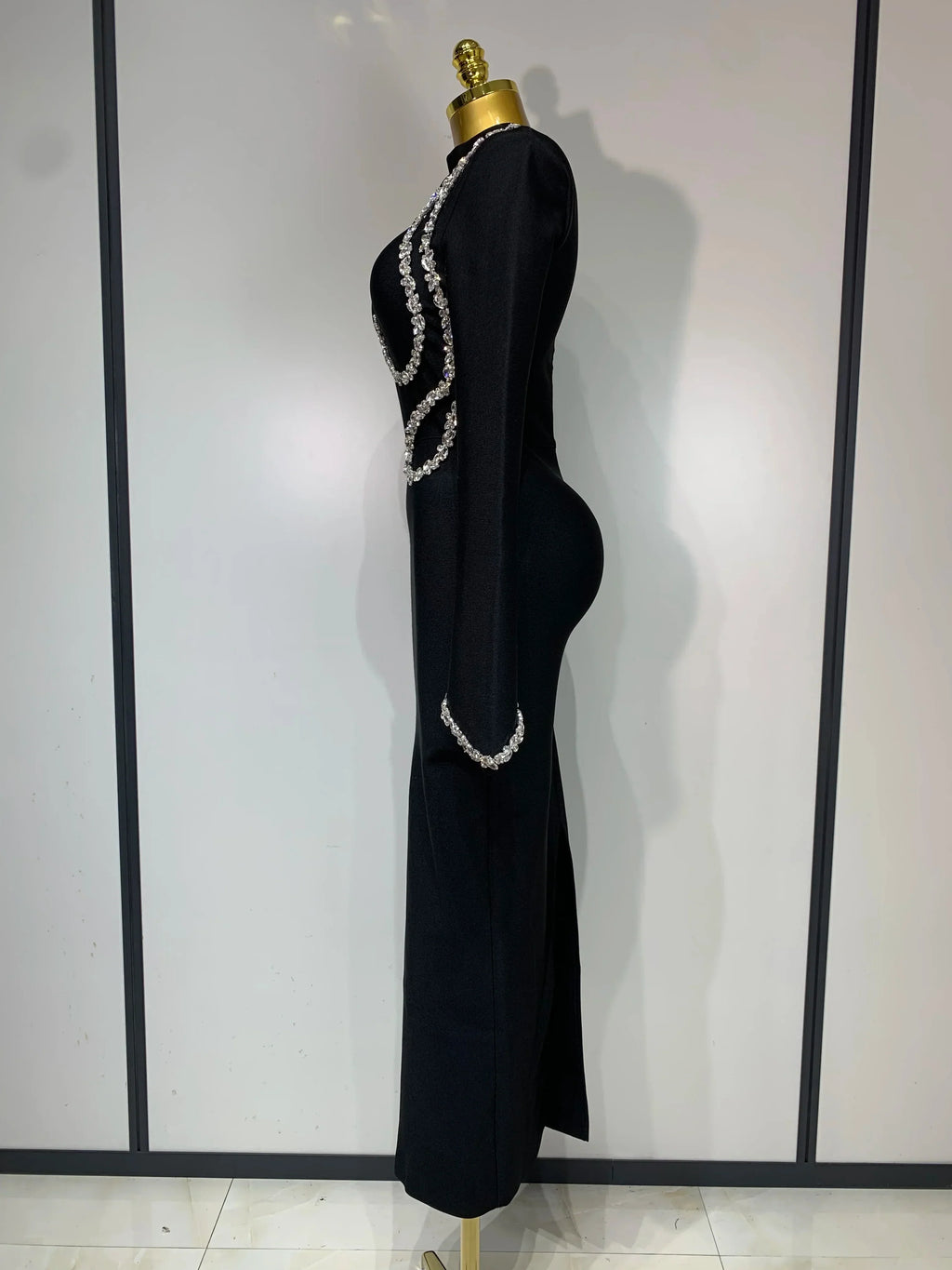 Women Sexy Long Sleeve Diamonds Maxi Long Bodycon Bandage Dress  Celebrity Elegant Evening Party Luxury Birthday Dresses