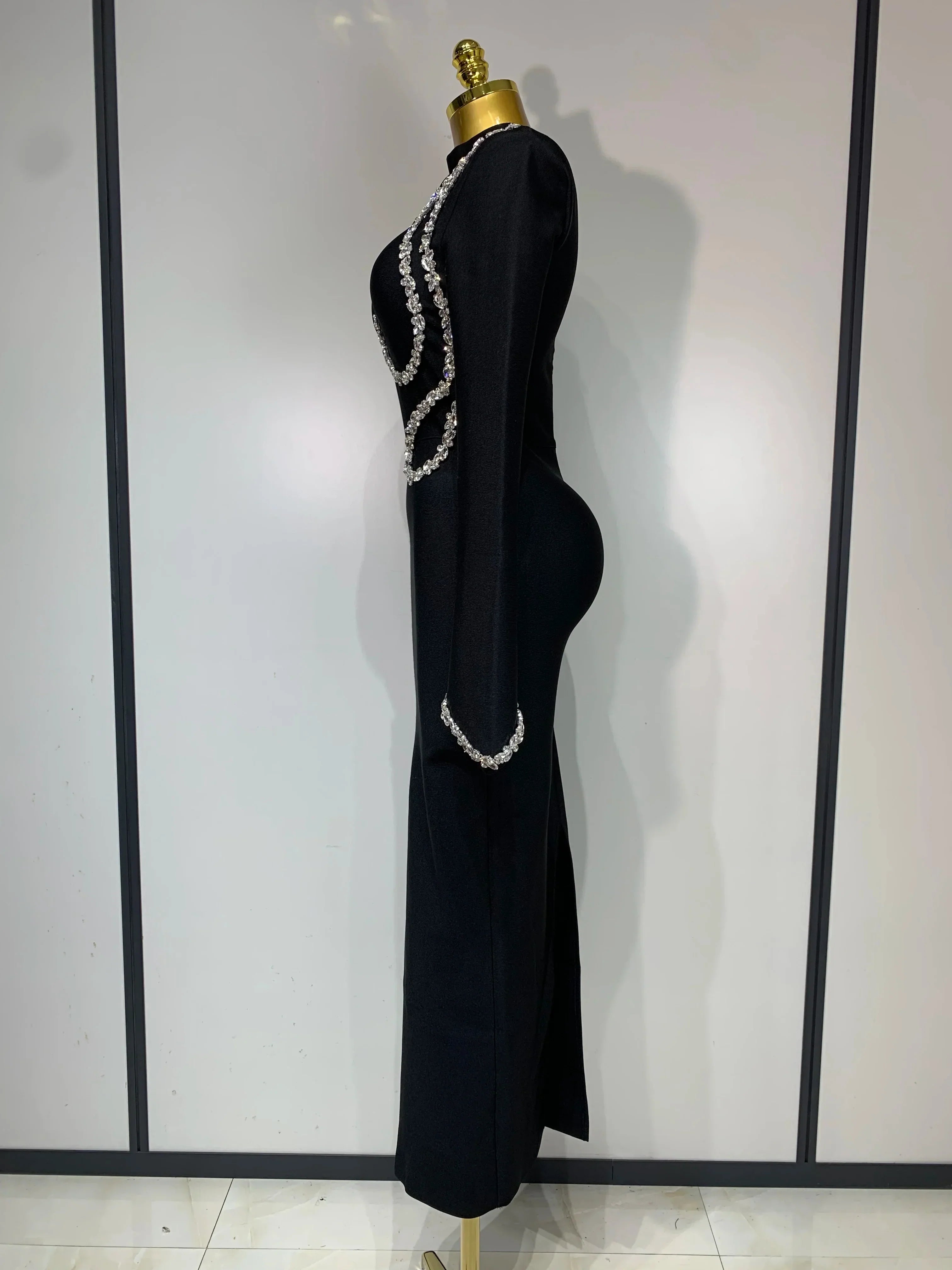 Women Sexy Long Sleeve Diamonds Maxi Long Bodycon Bandage Dress  Celebrity Elegant Evening Party Luxury Birthday Dresses