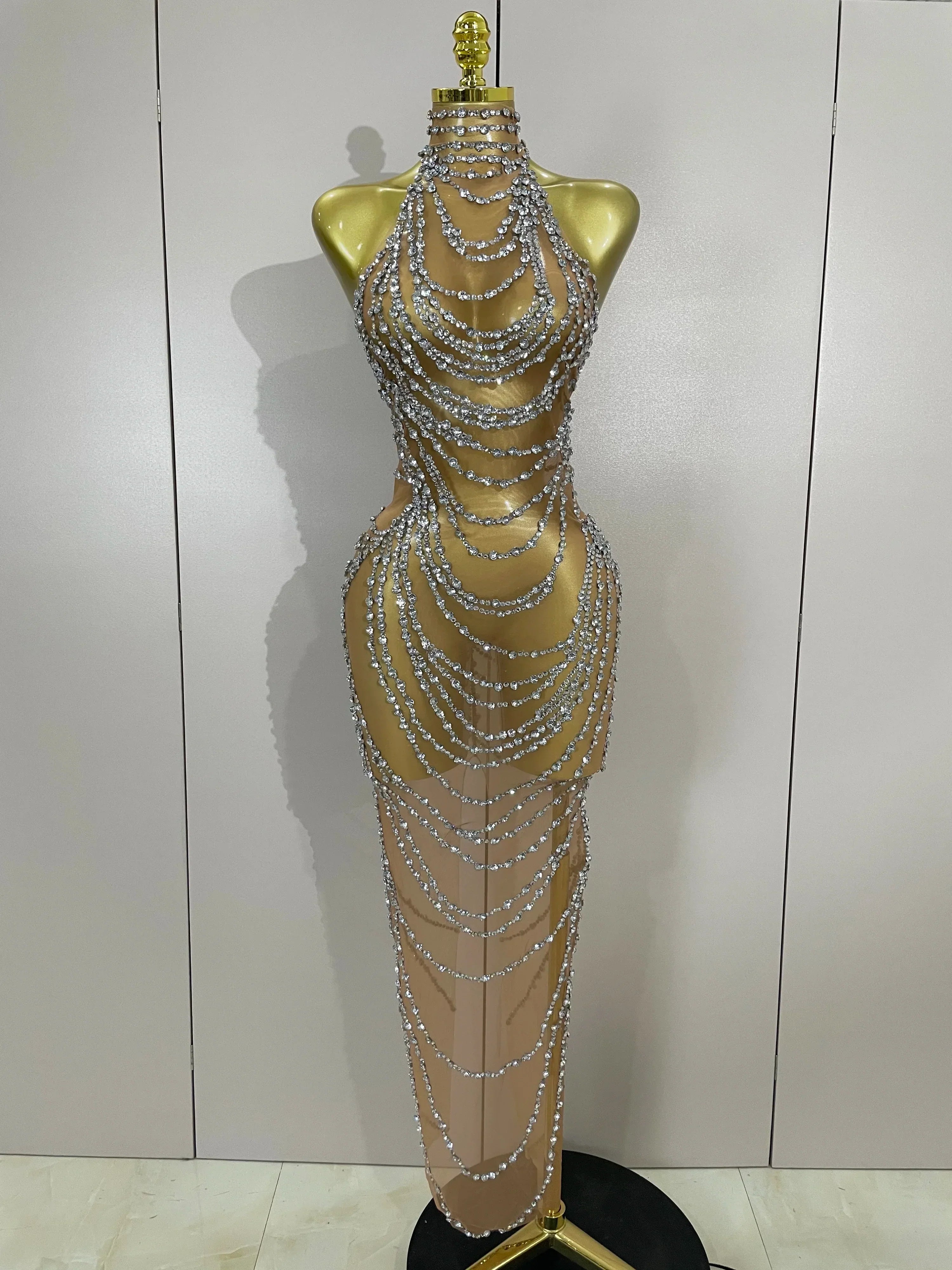 Luxury Sparkly Gold Rhinestone Sexy Transparent Mesh Long Dress Women Birthday Party Gown Stage Singer Performance Costume Silver