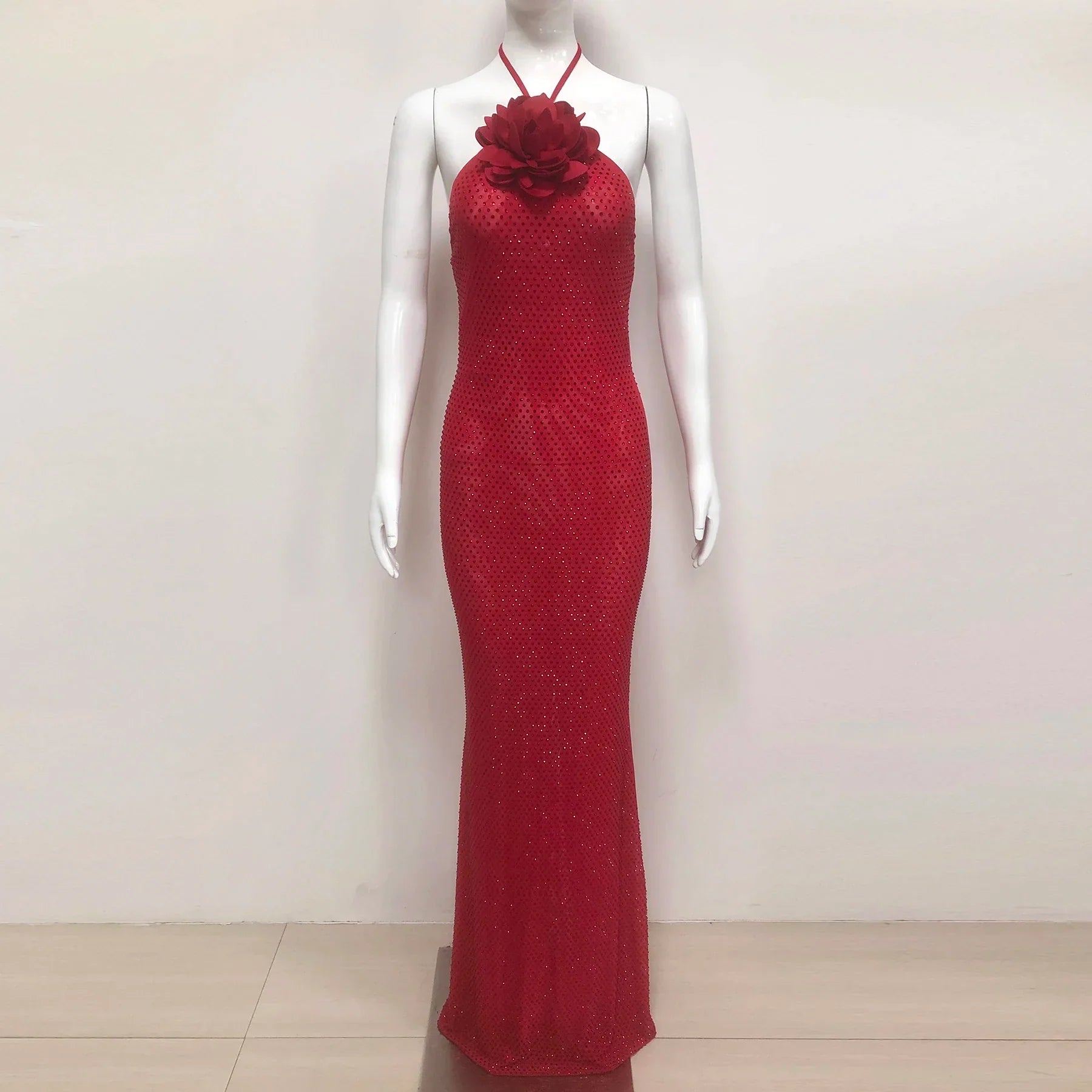 Women Sexy Halter Shinning Rhinestones Backless Bodycon Long Dress Celebrate Nightclub Party Wedding Outfit