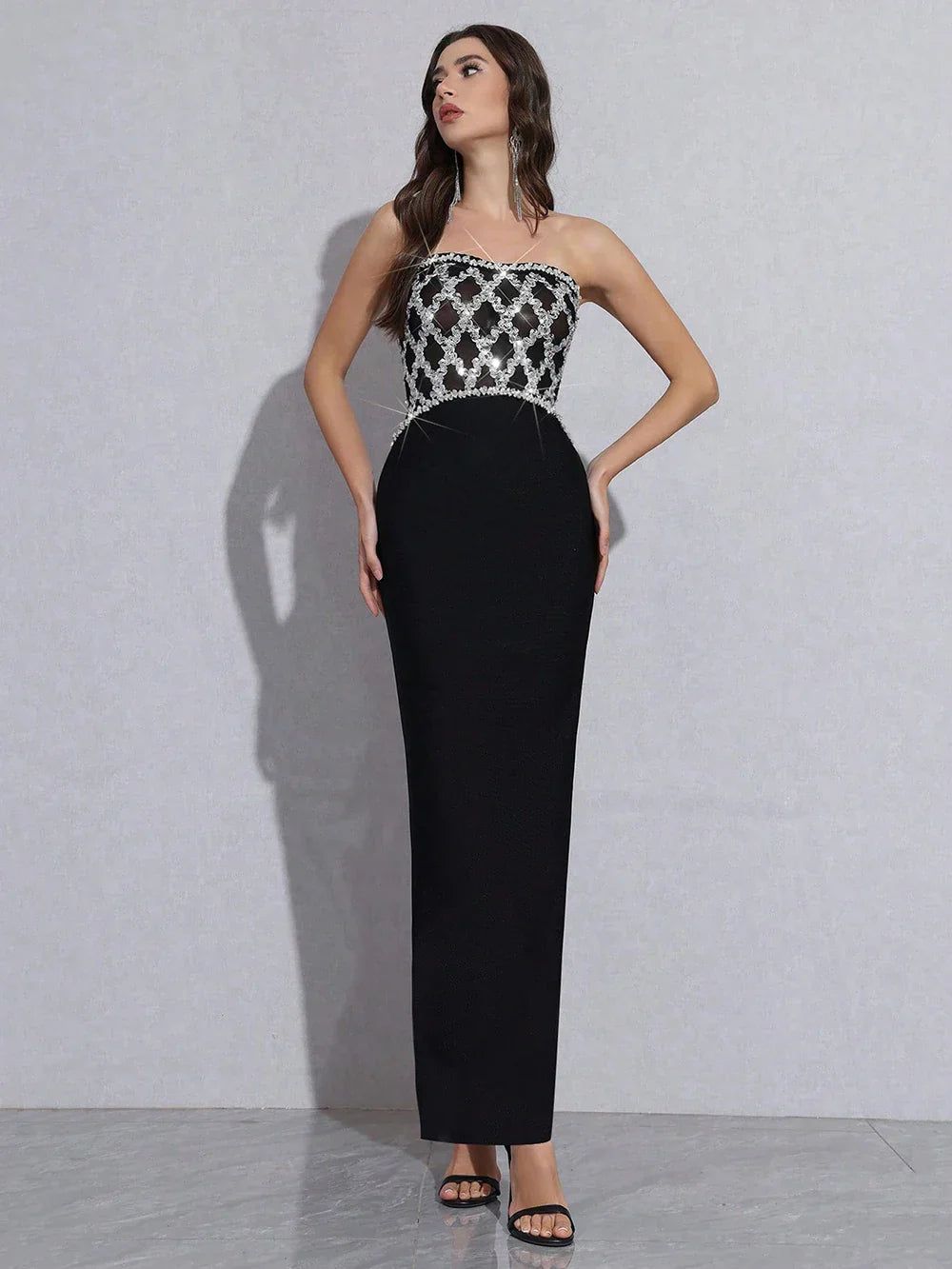 Sexy Strapless Diamond Sequin mesh Patchwork Bodycon Bandage Long Dress Women Fashion Celebrate Evening Party Gowns
