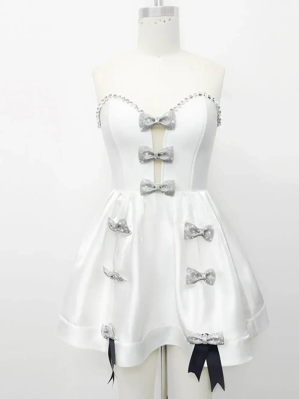 Spring Women's White Puff Dress Strapless Sleeveless Three Dimensional Bow Design A-line Mini Dress Evening Party Vestidos