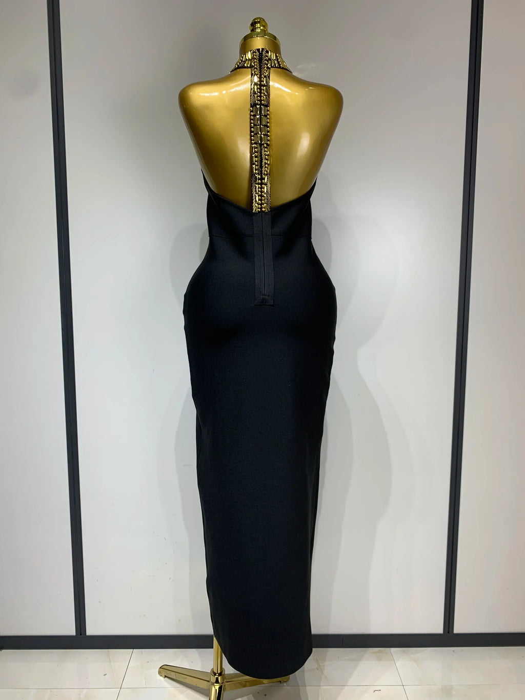 Women Fashion Celebrity Sexy Backless Beading Midi Black Bodycon Bandage Dress  Elegant Evening Club Luxury Birthday Dresses