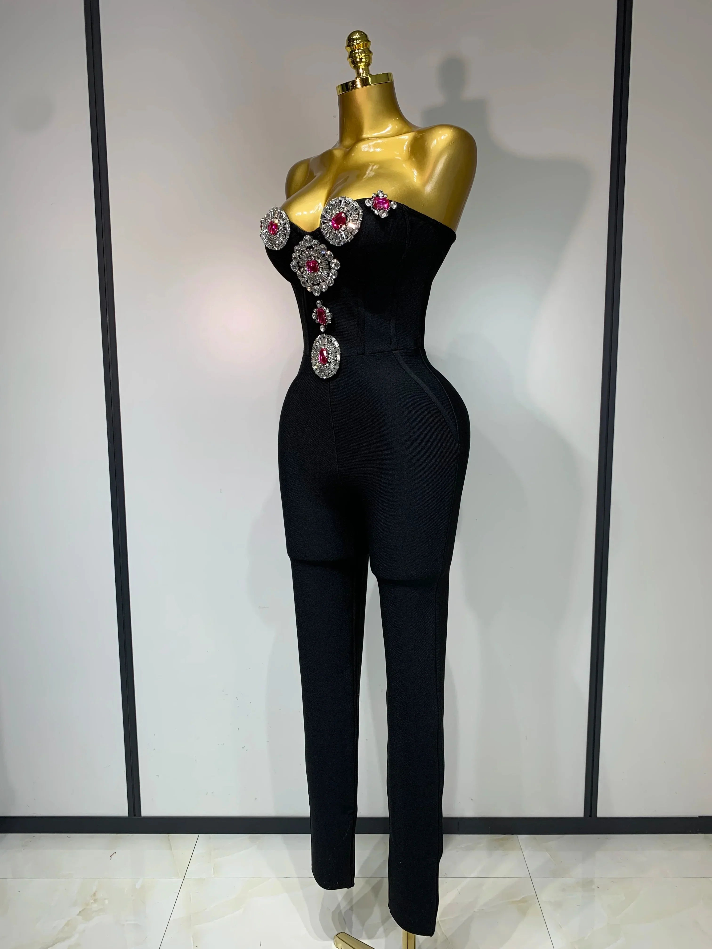 Fashion Celebrate Sparkly Rhinestone Women Sexy Strapless Bodycon Bandage Jumpsuit Runway Nightclub Party Luxury Birthday Outfit