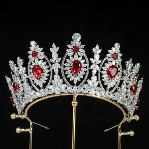 Bridal Hair Jewelry Red Zirconia Tiaras Crowns Zircon Headband Diadem Brides Women Pageant Prom Headpiece Wedding Accessories red