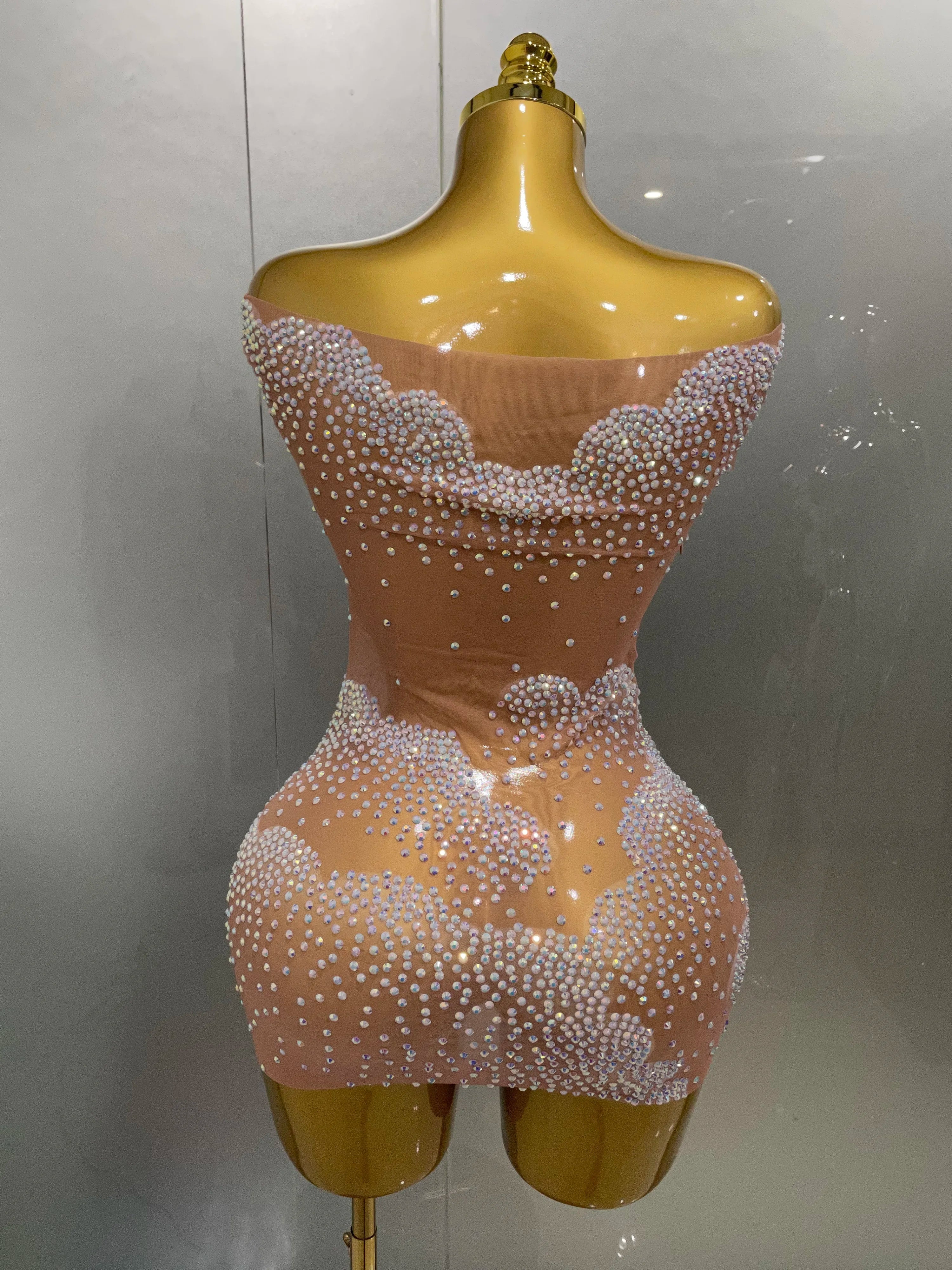 Sexy Sparkle Rhinestone Transparent Stretch Mini Dress  Women Evening Birthday Party Club Stage Performance Costume