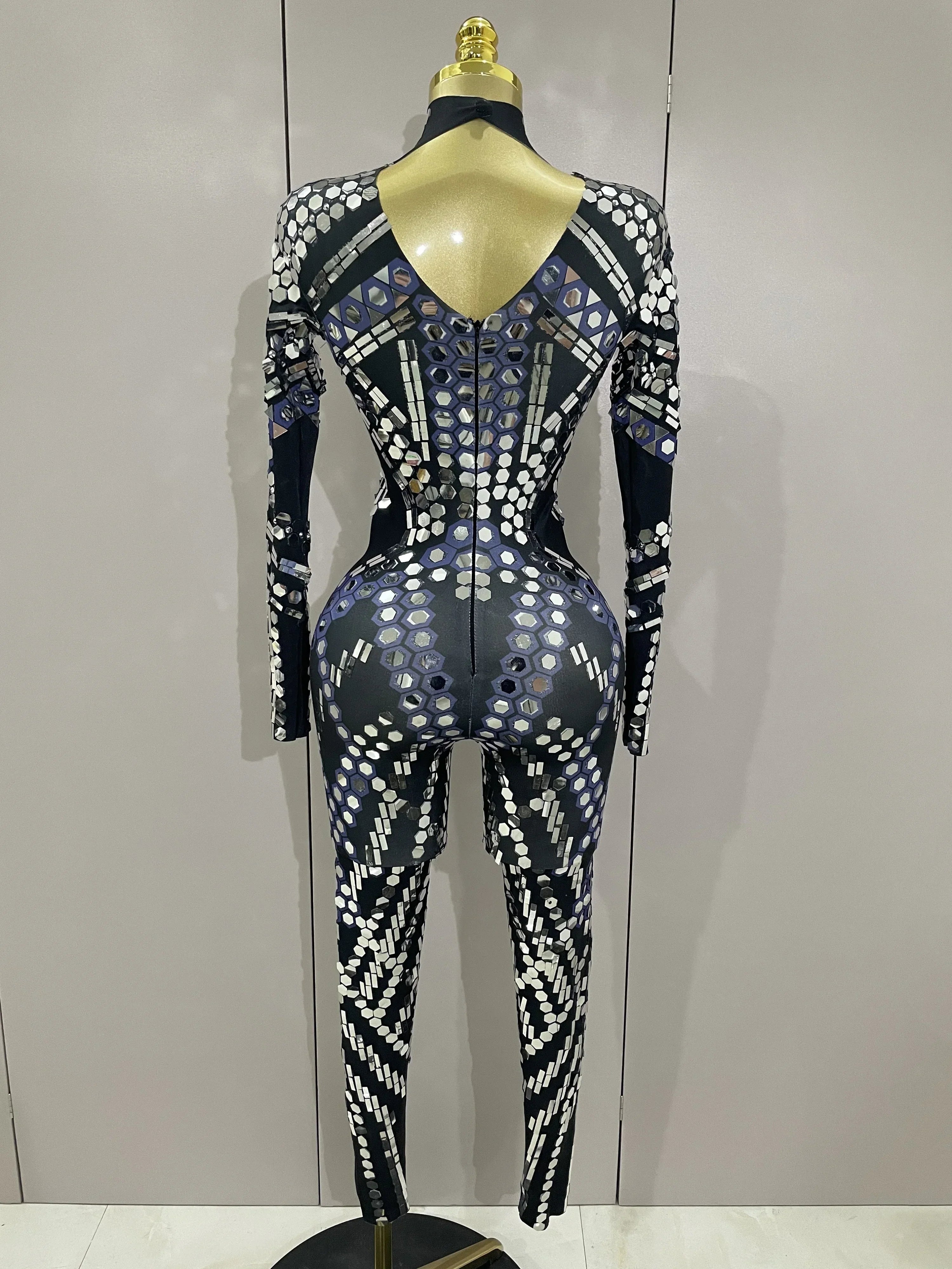 Sexy Shiny Silver Sequins Mirror Black Spandex Jumpsuit  Women Prom Dancer Singer Costume Evening Birthday Show Stage Outfit