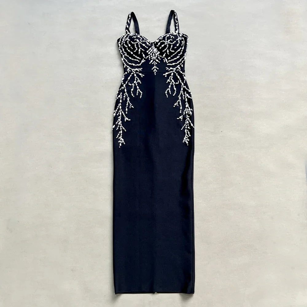 Ladies Diamond Beads Spaghetti Strap Backless Design Celebrity Evening Club Black Sleeveless Sexy Maxi Bandage Dress Vestidos black