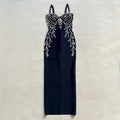 Ladies Diamond Beads Spaghetti Strap Backless Design Celebrity Evening Club Black Sleeveless Sexy Maxi Bandage Dress Vestidos black