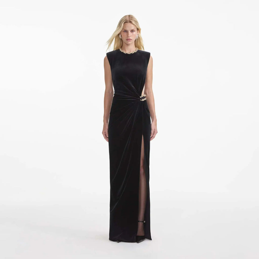 Black Color Women Sexy Sleeveless O-Neck Velvet Bodycon Long Maxi Dress Elegant Evening Party Cocktail Dress black
