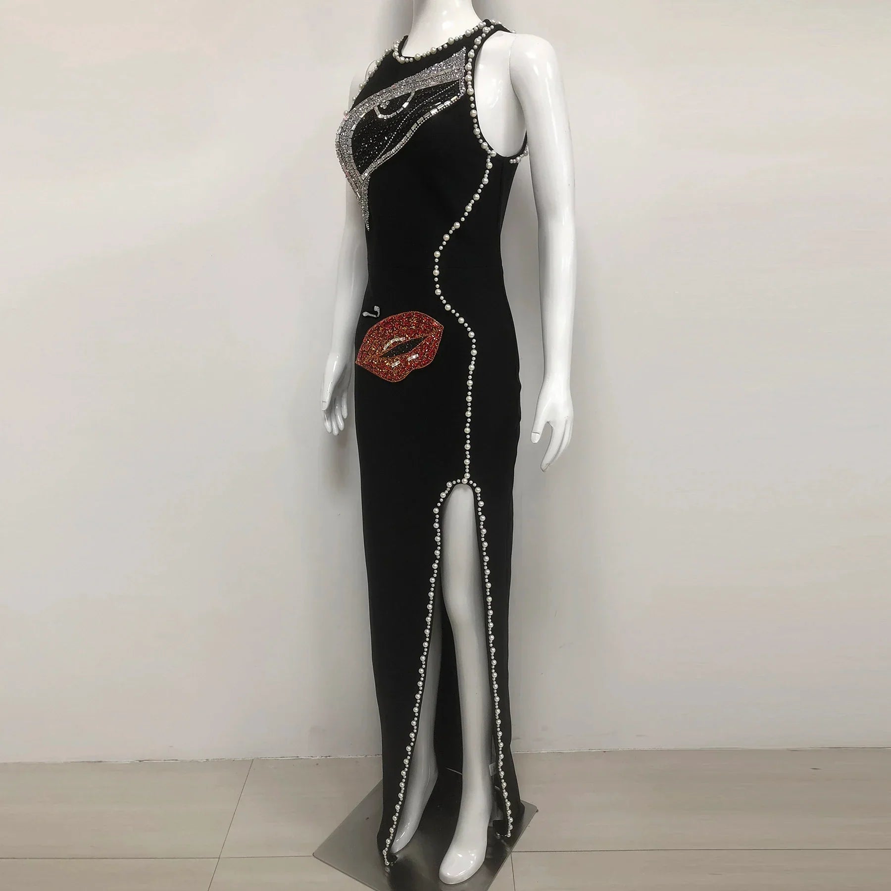 Women Sleeveless Sexy Shinning Rhinestones Bodycon Long Bandage Dress Celebrate Evening Party Birthday Fashion Wear
