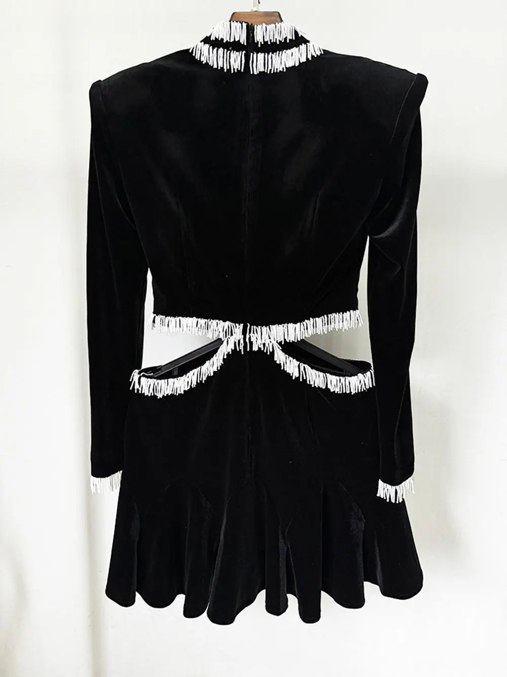 Sexy Women's Open Waist Tassel Velvet Dress Stand Collar Long Sleeve Slimming Mini Dress Celebrity Evening Party Vestidos