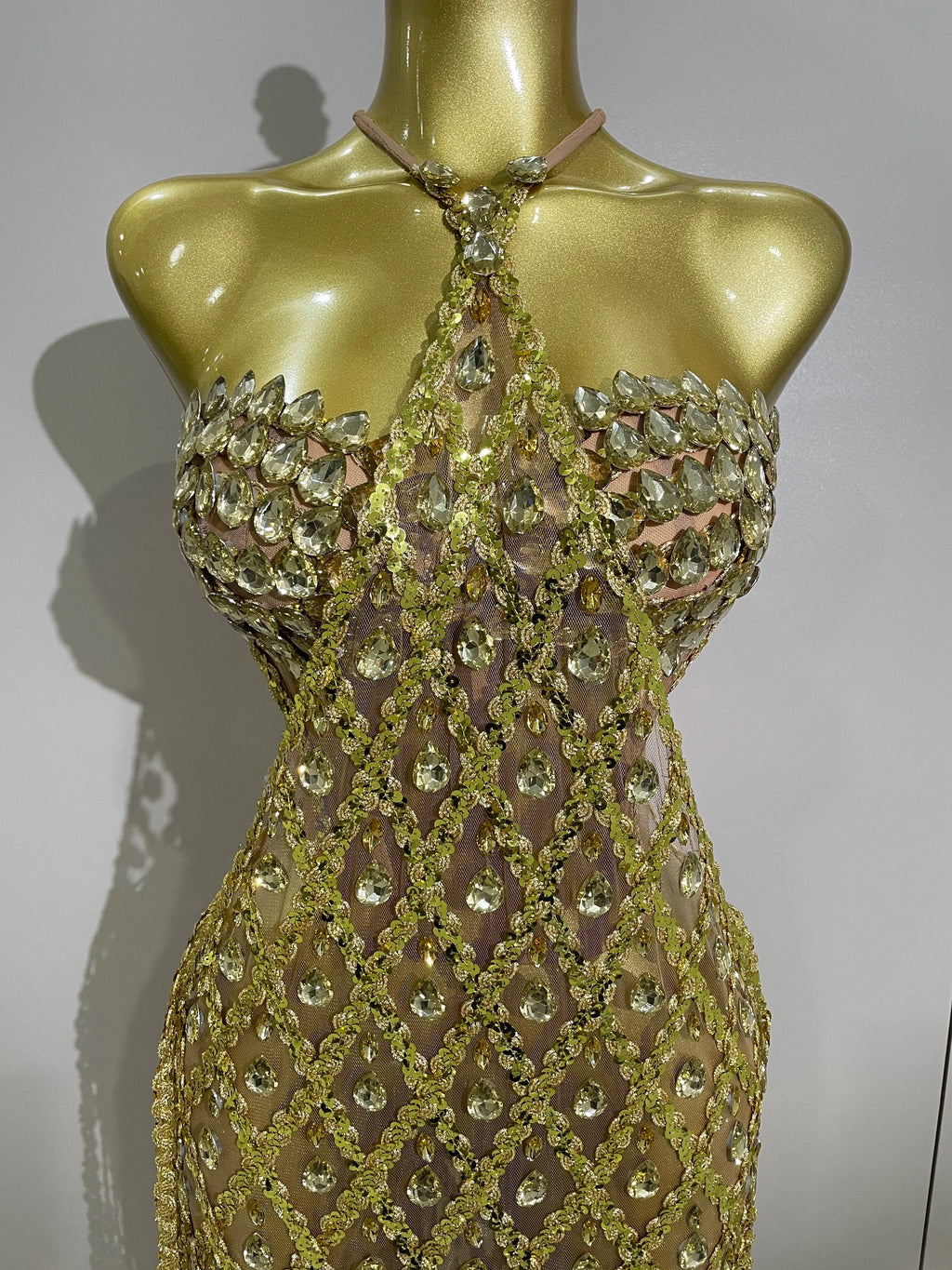 Sexy Sparkly Gold Rhinestones Sleeveless Mesh Two Piece Long Dress  Women Birthday Party Celebrate Prom Stage Costume