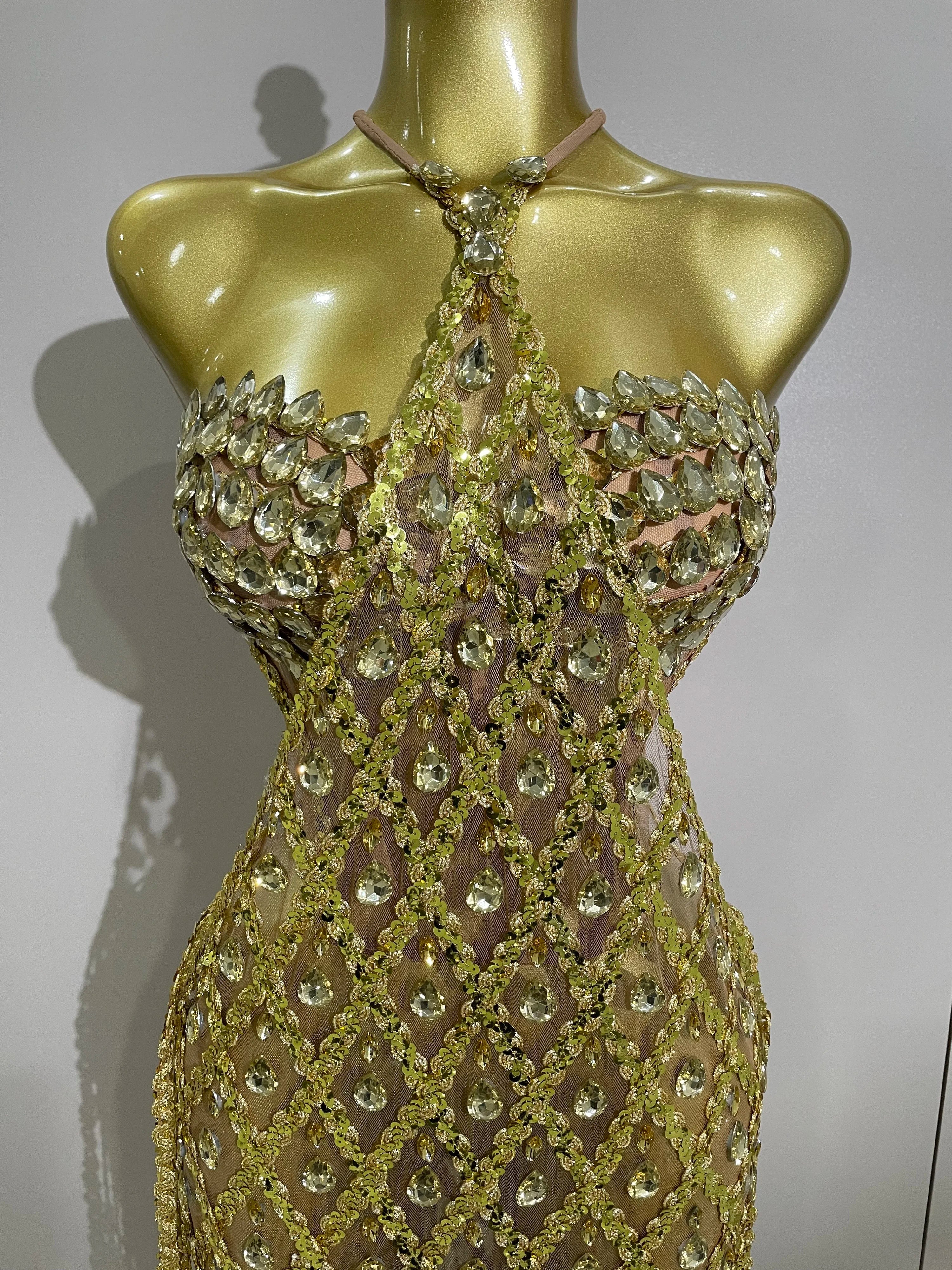 Sexy Sparkly Gold Rhinestones Sleeveless Mesh Two Piece Long Dress  Women Birthday Party Celebrate Prom Stage Costume