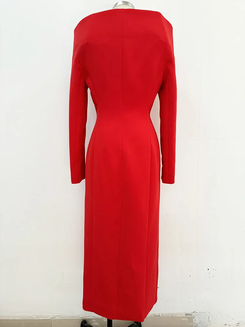 Celebrity Red Carpet Dress Women Long Sleeve Sexy Off the Shoulder Bodycon Mid-calf Dress Elegant Evening Party Outfit Vestido