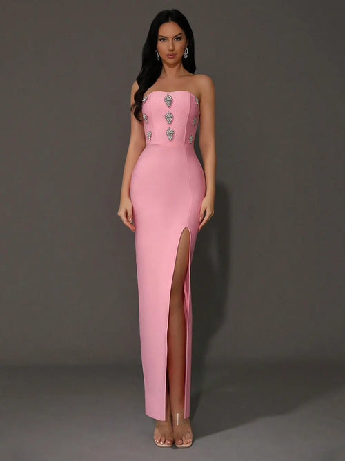 2024 Sexy Women'S Light Luxury Rhinestone Bandage Dress Strapless Sleeveless Bodycon Split Length Dress Christmas Party Vestidos