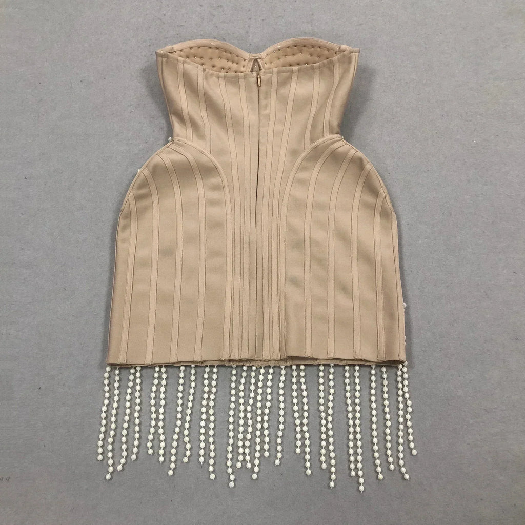 Exquisite Pearl Beading Strapless Khaki Color Bandage Mini Dress Fashion Woman Birthday Party Vestido Evening Party Outfit