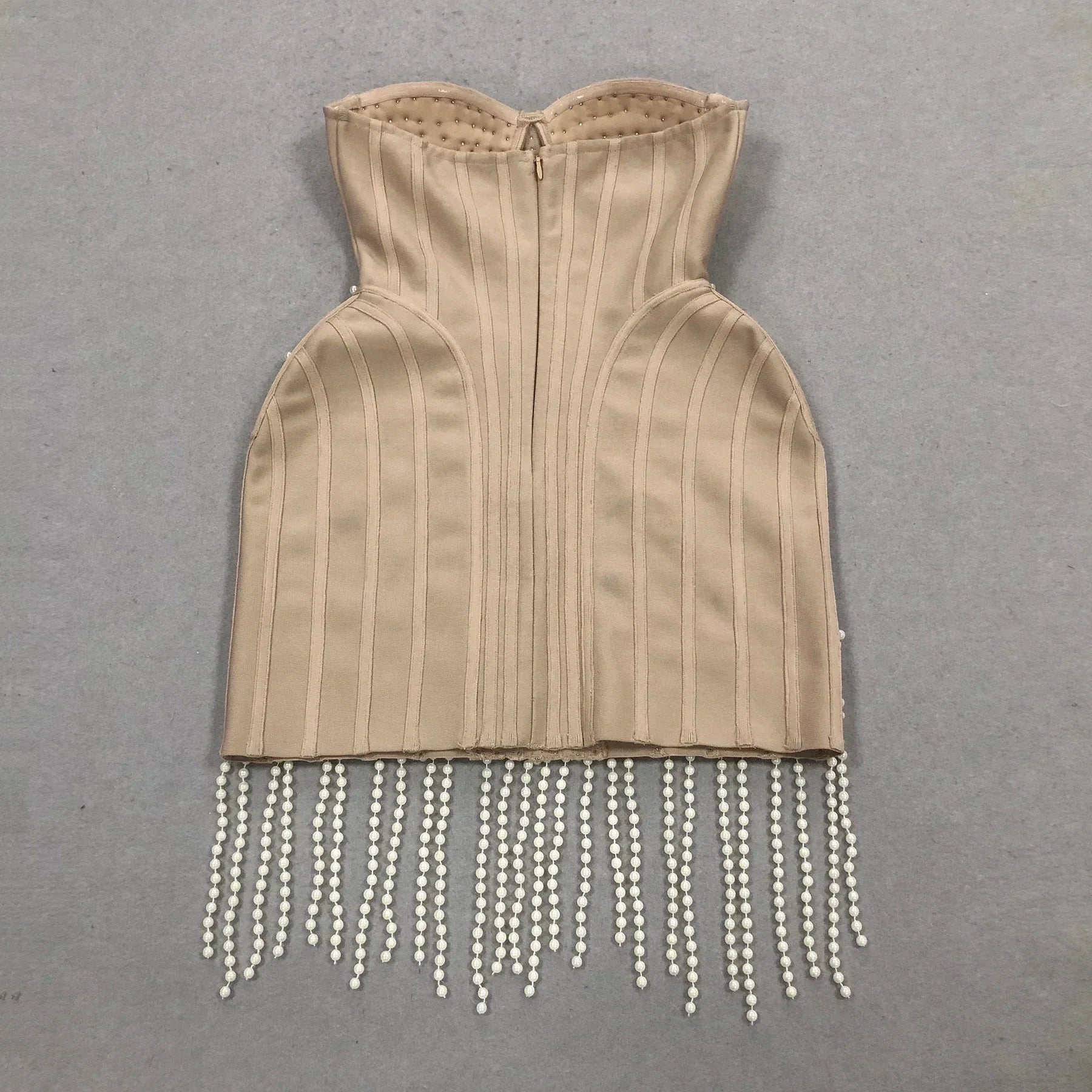 Exquisite Pearl Beading Strapless Khaki Color Bandage Mini Dress Fashion Woman Birthday Party Vestido Evening Party Outfit