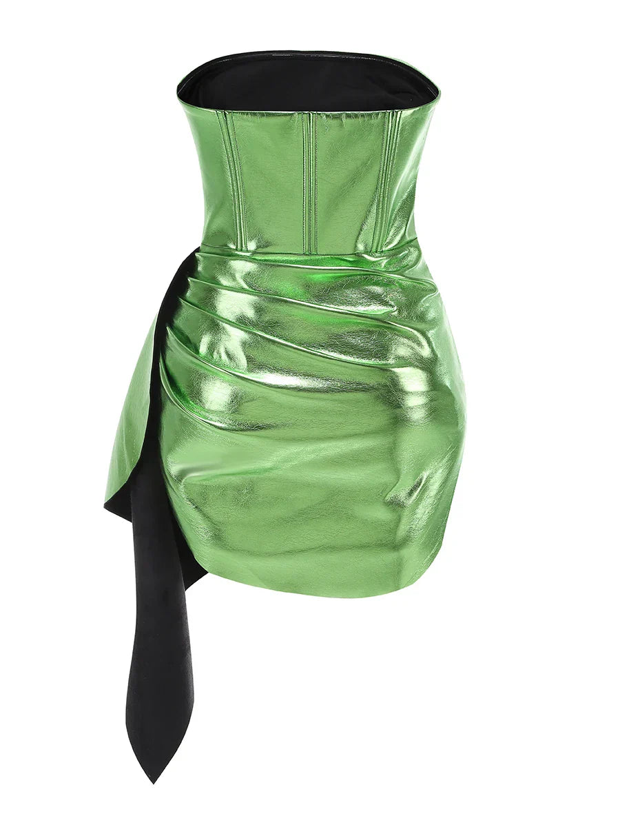Women Sexy Strapless Shinning Leather Bodycon Mini Draped Dress Celebrate Nightclub Party Chiristmas Bar Singer Wear