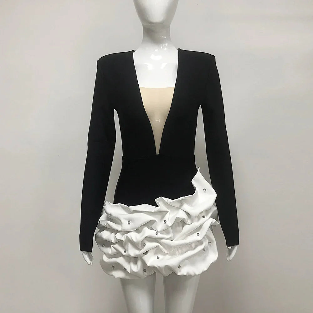 Black Color Women Long Sleeve Sexy V-Neck Bodycon Mini Bandage Dress Celebrate Evening Party Birthday Dress