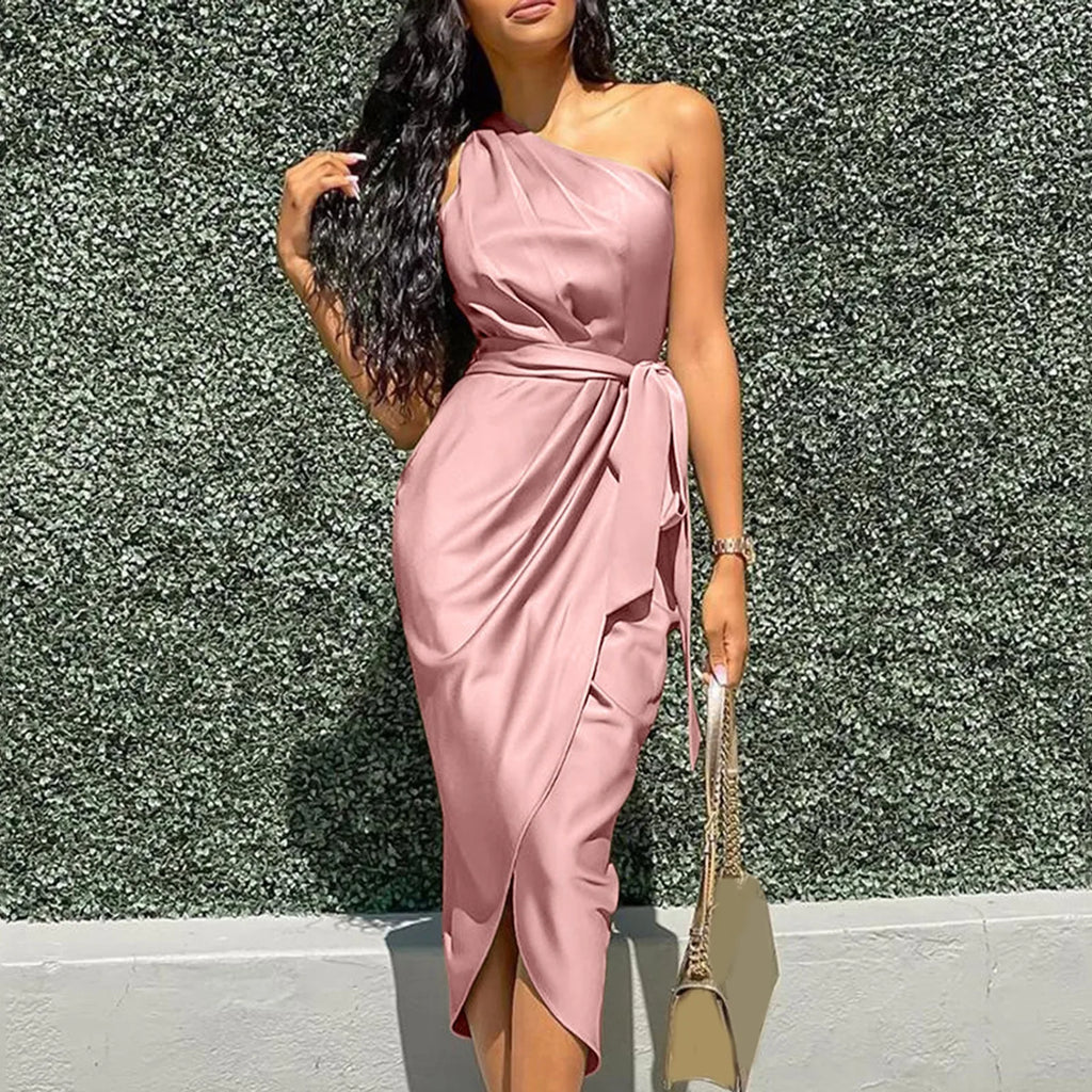 2024 Green Asymmetrical One Shoulder Satin Ruched Midi Dress