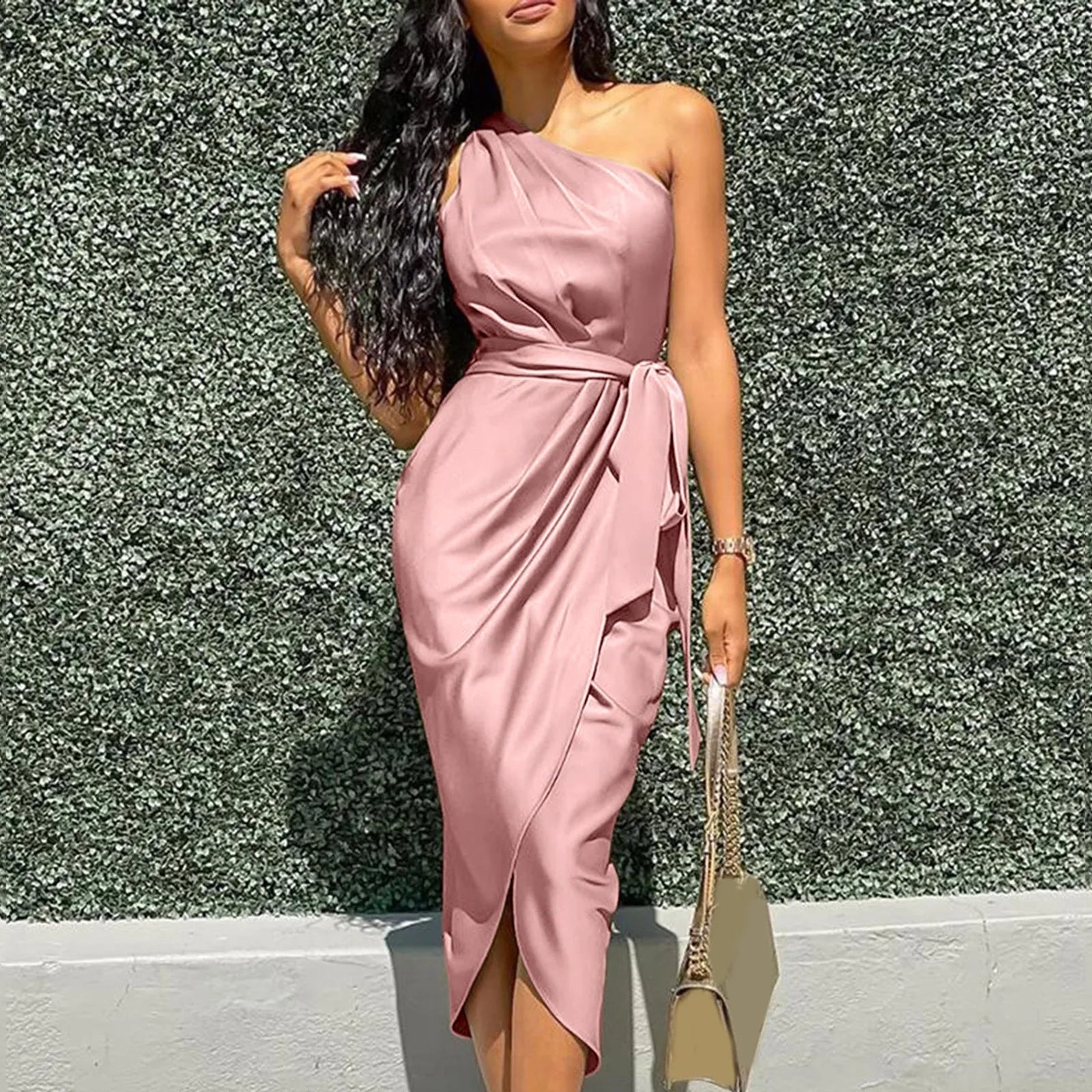 2024 Green Asymmetrical One Shoulder Satin Ruched Midi Dress