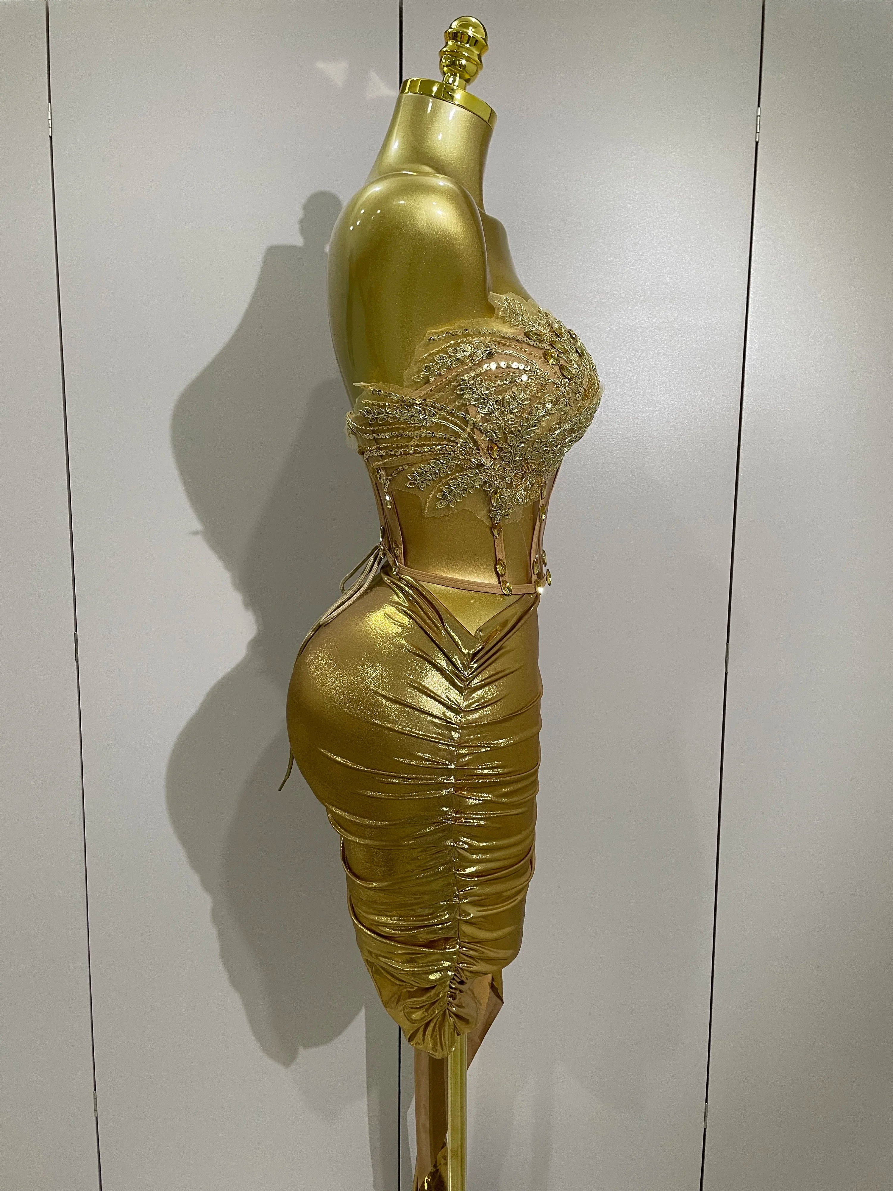 Sparkly Gold Sexy Top Two Pieces Short Skirt Set  Women Celebrate Birthday Dress Party NightClub Dancer Show Stage Outfit