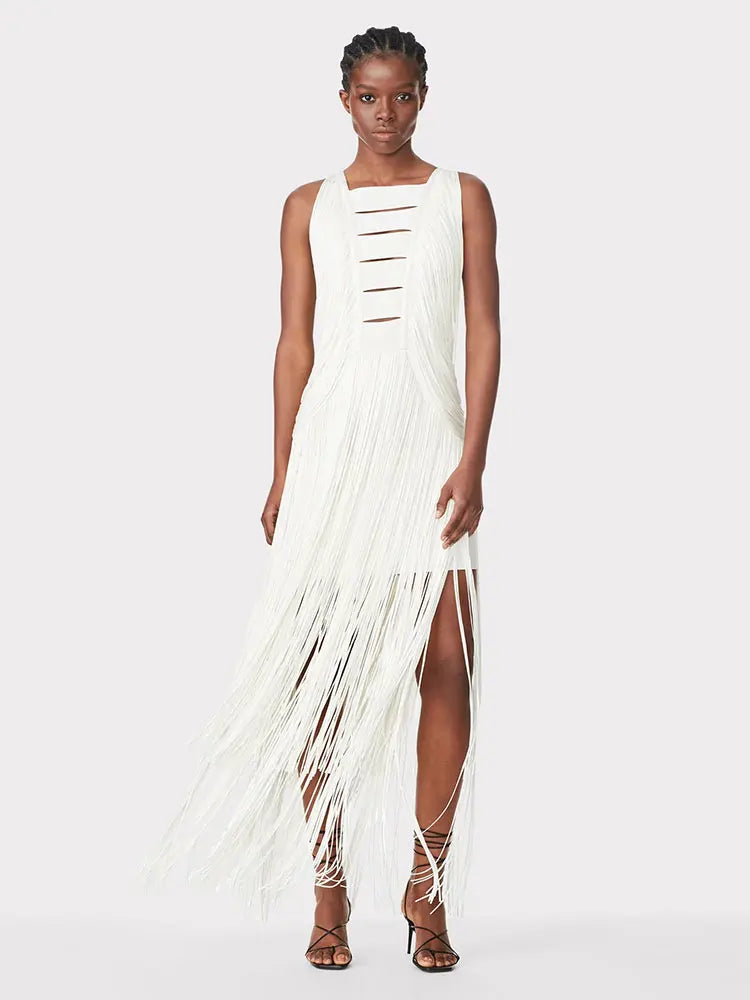 Sexy Women's Wear Heavy Industry Tassel Bandage Dress O-Neck Sleeveless Slim Fit Long Dress Cocktail Evening Party Vestidos WHITE