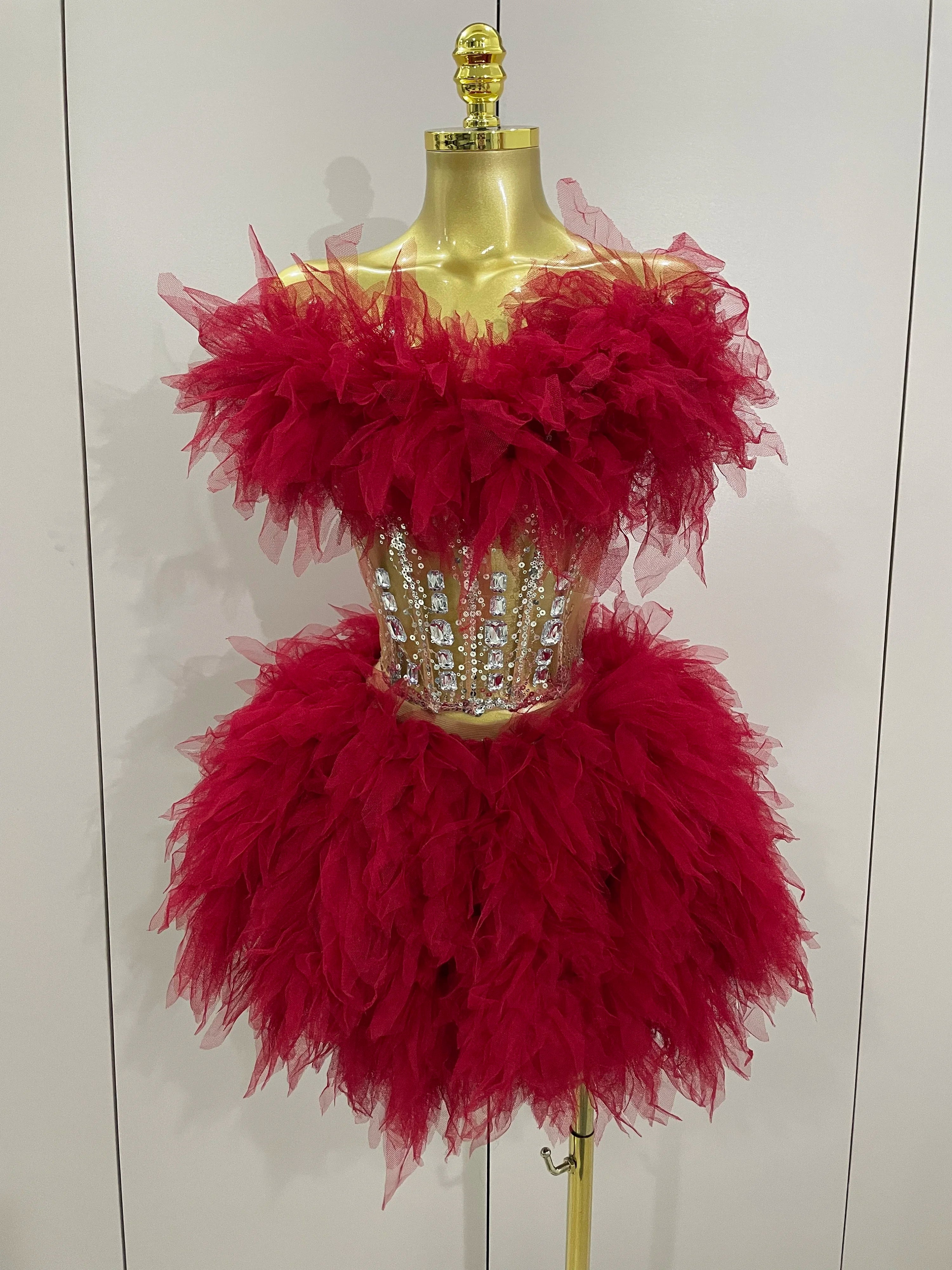 Women Sexy Backless Strap Mesh Fluffy Skirt 2 Pieces Diamond Sequins Stage Performance Costume Birthday Party Shooting Dress Red