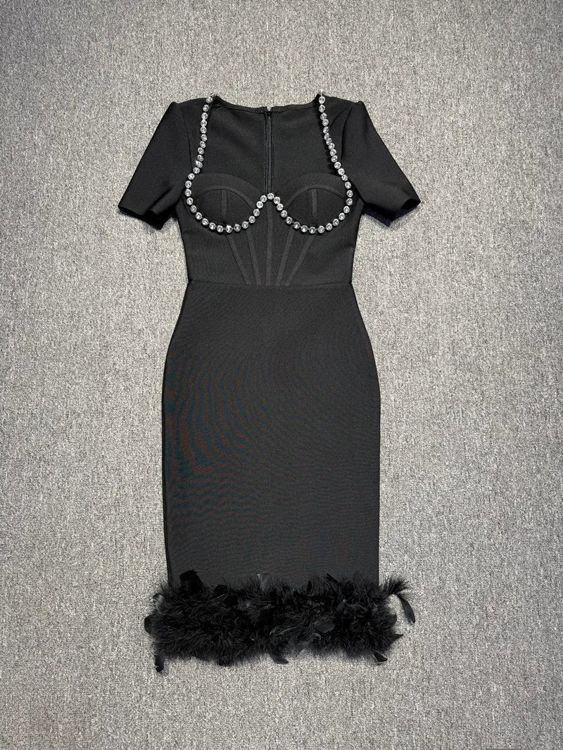 Black Color Women Sexy Sqaure Collar Short Sleeve Bodycon Bandage Mid-calf Dress Celebrate Evening Party Cocktail Dress