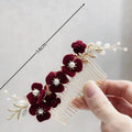 Burgundy Red Flower Head Piece Pearl Hair Comb Pin Women Brides Evening Party Dress Hairpin Bridal Jewelry Wedding Accessories a