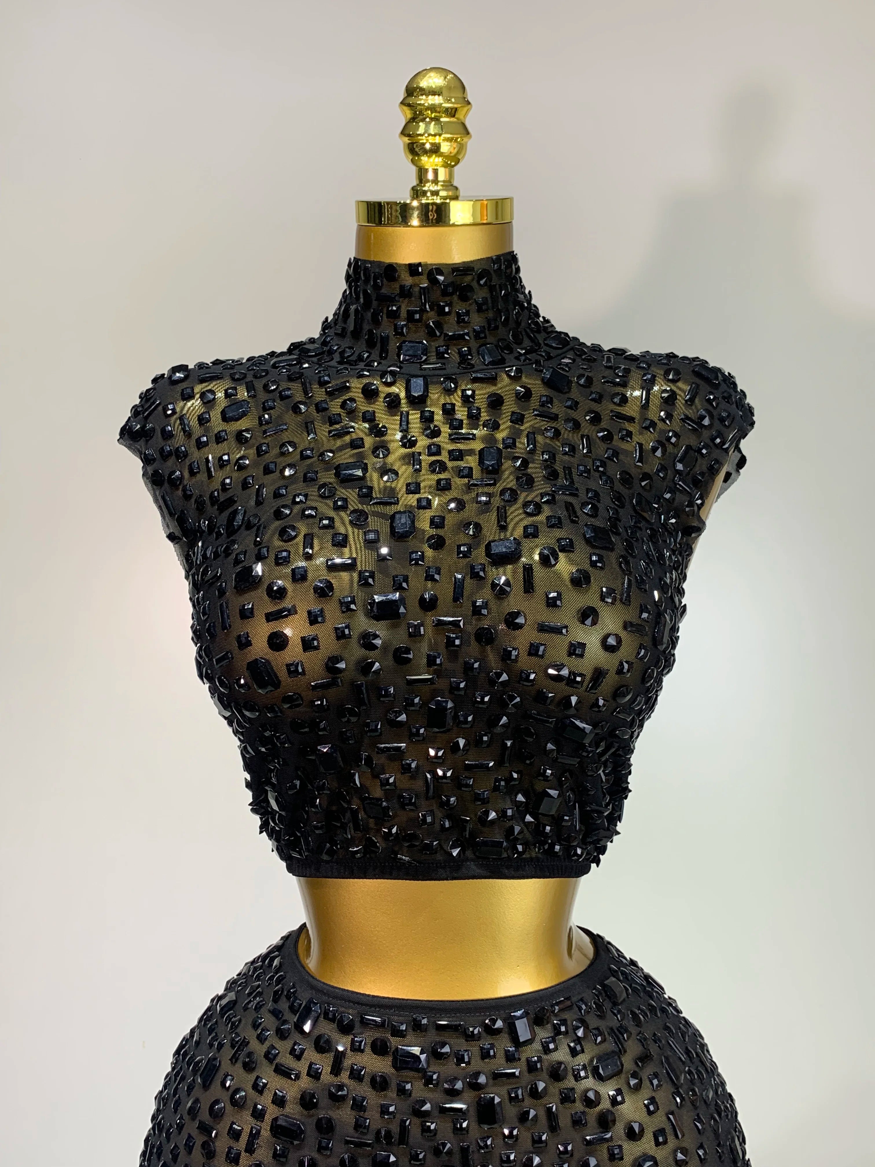 Luxury Rhinestone Mesh See Through Celebrate Birthday Dress Sparkly Top Short Skirt Two Pieces Sets Performance Stage Costume
