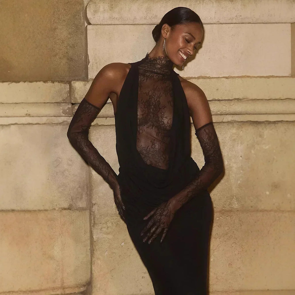Women Black Color Women Sleeveless Off the Shoulder Lace Bodycon Long Dress Celebrate Evening Party Bar Club Wear