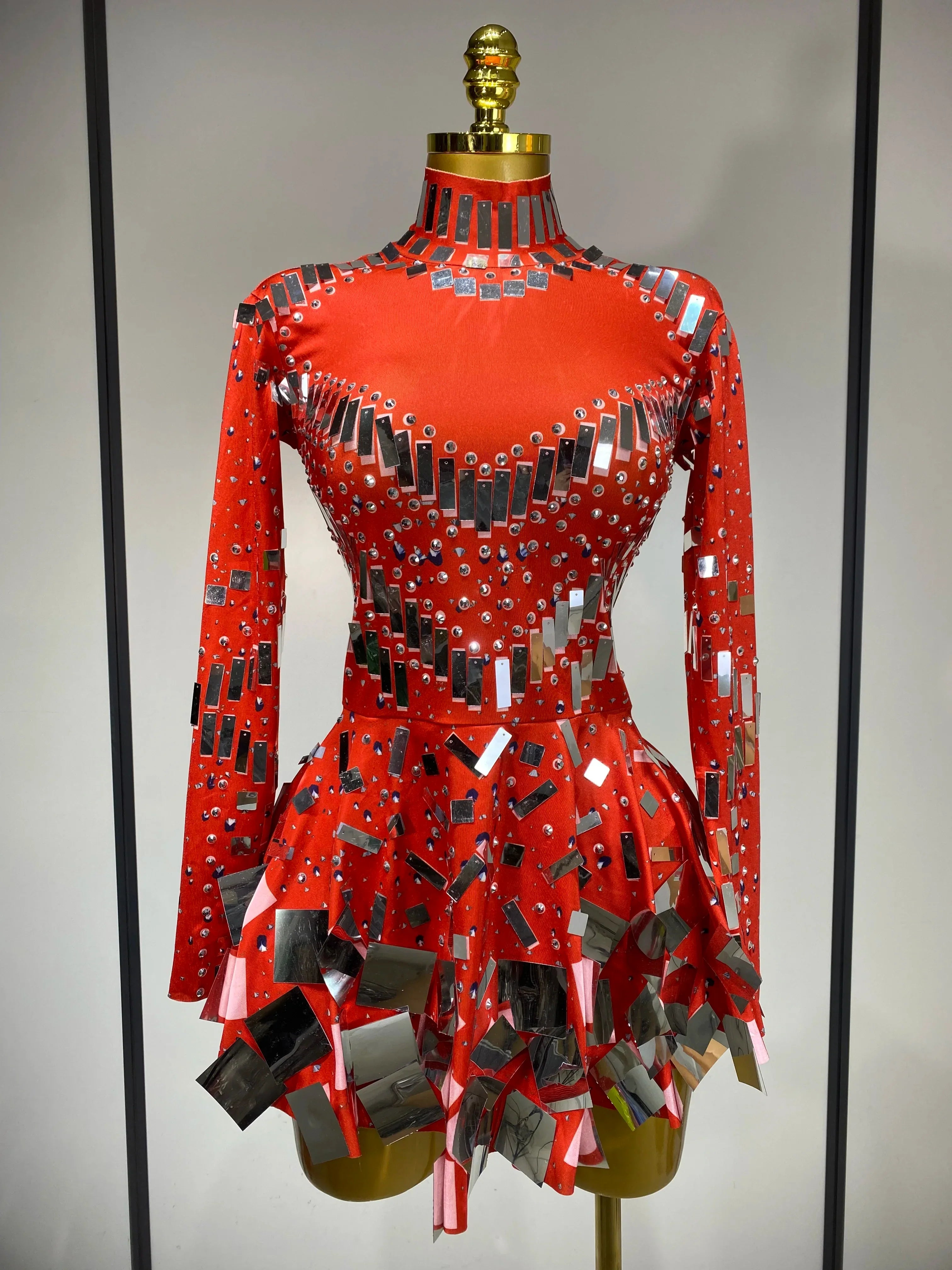Women Sexy Elastic A-Line Dress Birthday Performance Costume Sparkly Sequin Nightclub Evening Party Hotwife Stage Outfit Red