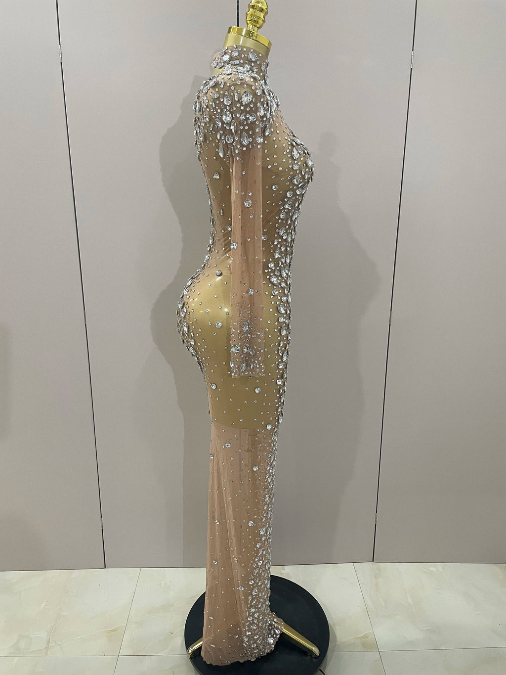Sparkly Silver Big Rhinestone Sexy Transparent Long Dress  Women Evening Birthday Party Celebrate Club Dancer Stage Costume