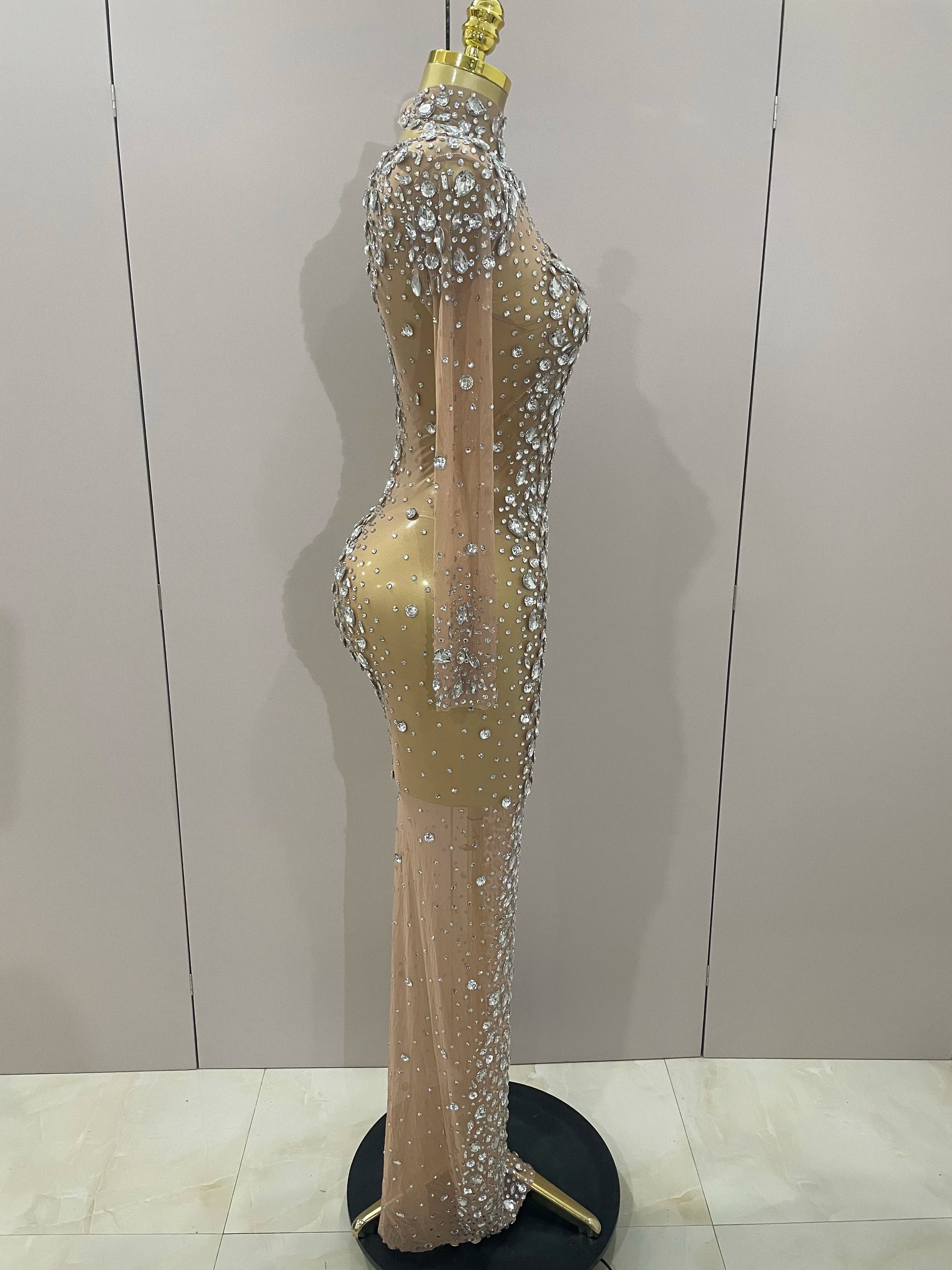 Sparkly Silver Big Rhinestone Sexy Transparent Long Dress  Women Evening Birthday Party Celebrate Club Dancer Stage Costume