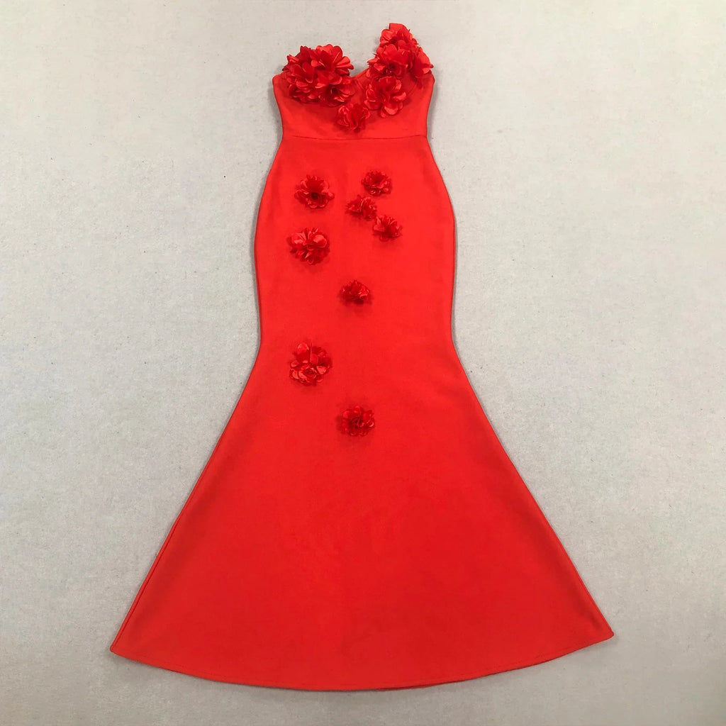 Red Color Women Sexy One Shoulder Florals Fashion Bodycon Long Bandage Dress Wedding Party Celebrate Birthday Cocktail Outfit
