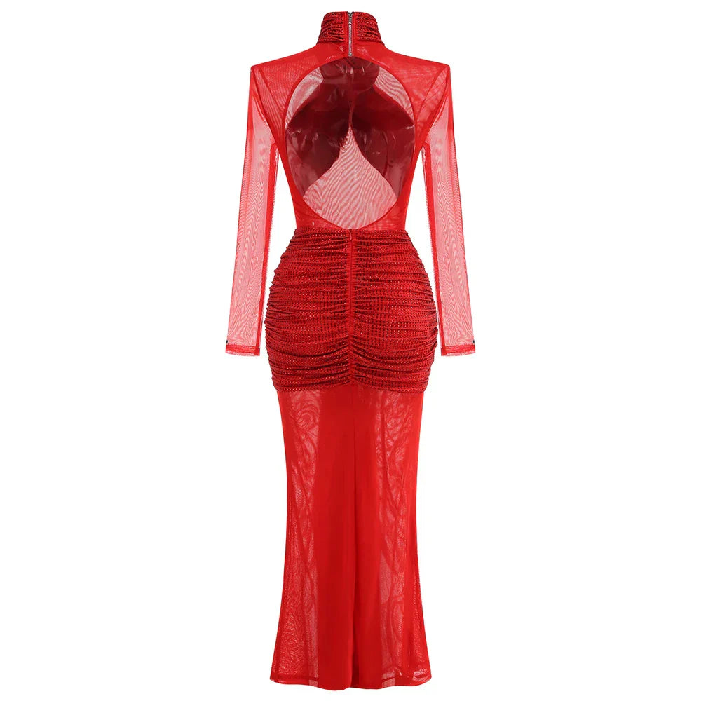 Red Color Women Long Sleeve Shinning Rhinestones Mesh Bodycon Long Dress Fashion Nightclub Party Celebrate Outfit Vestido
