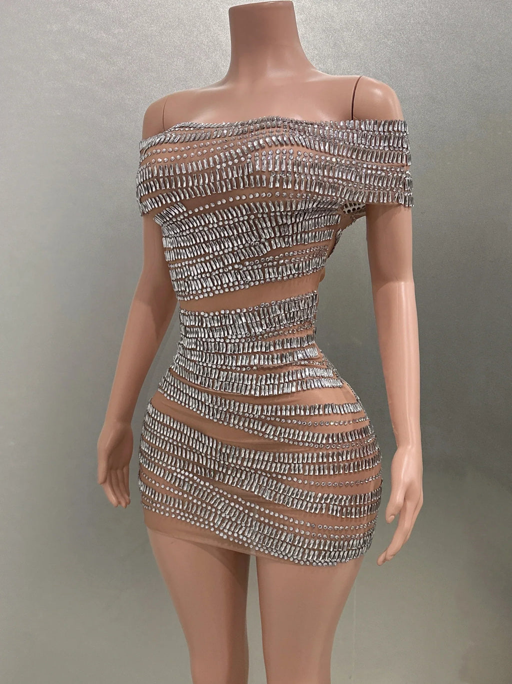 Sparkly Rhinestones Women Sexy Mesh Slash Neck Bodycon Mini Dress Celebrate Birthday Party Photo Shoot Dress Stage Wear