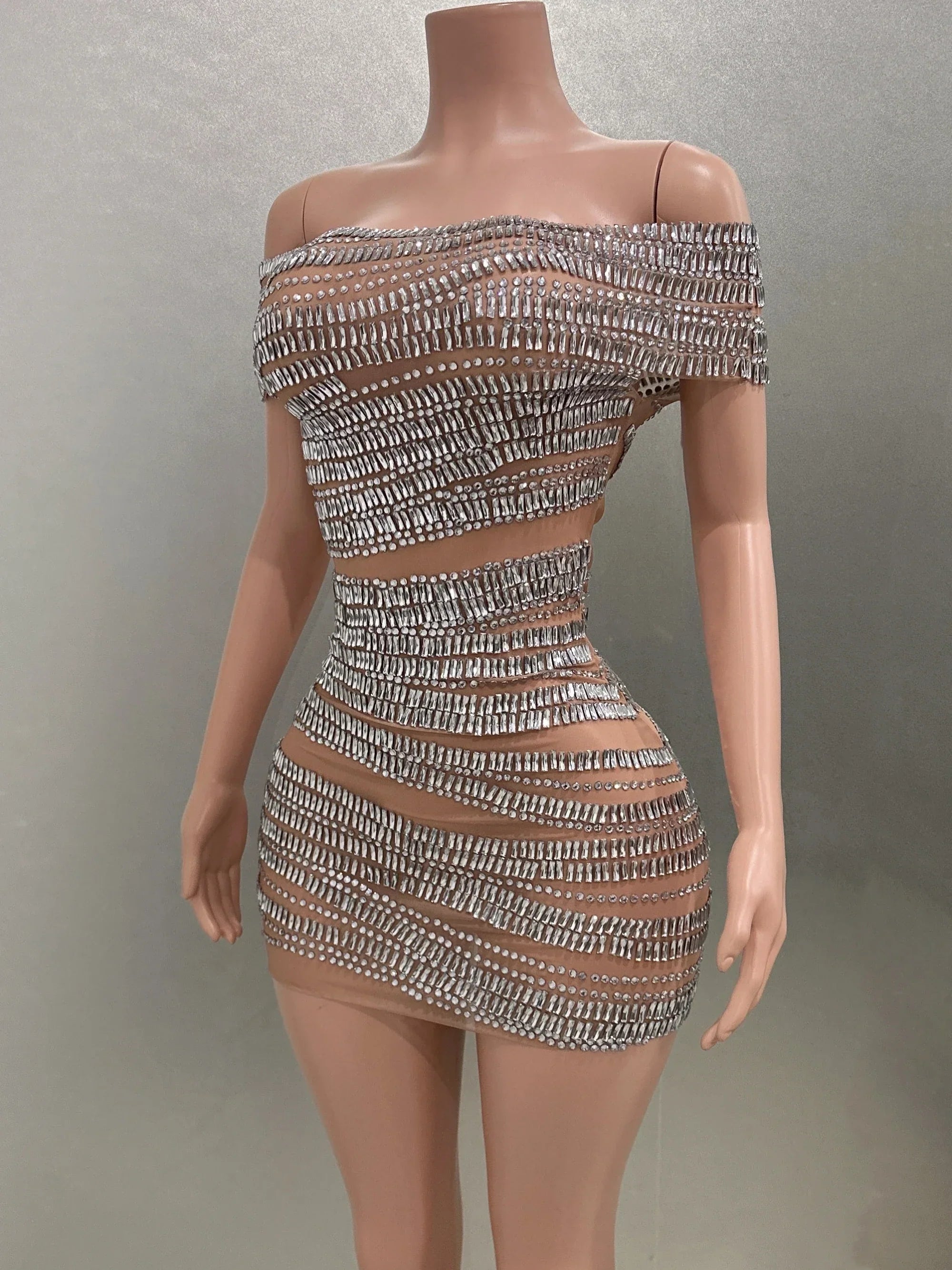 Sparkly Rhinestones Women Sexy Mesh Slash Neck Bodycon Mini Dress Celebrate Birthday Party Photo Shoot Dress Stage Wear