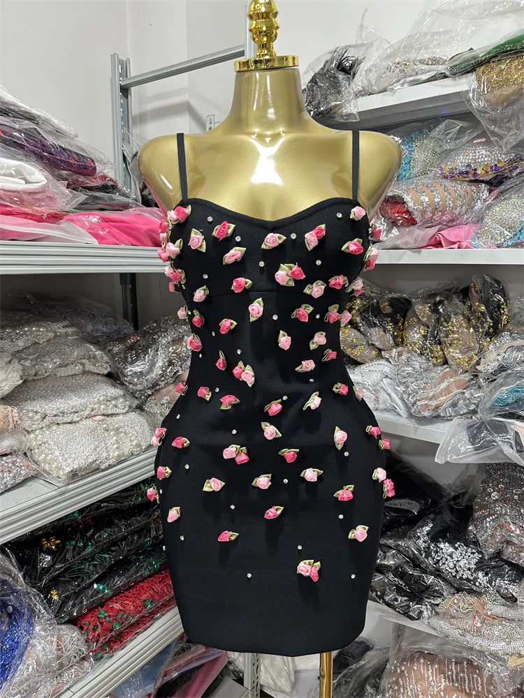 Women Sleeveless Sexy Strap Flowers Bodycon Bandage Mini Dress Celebrate Girls' Vacation Birthday Outfit black