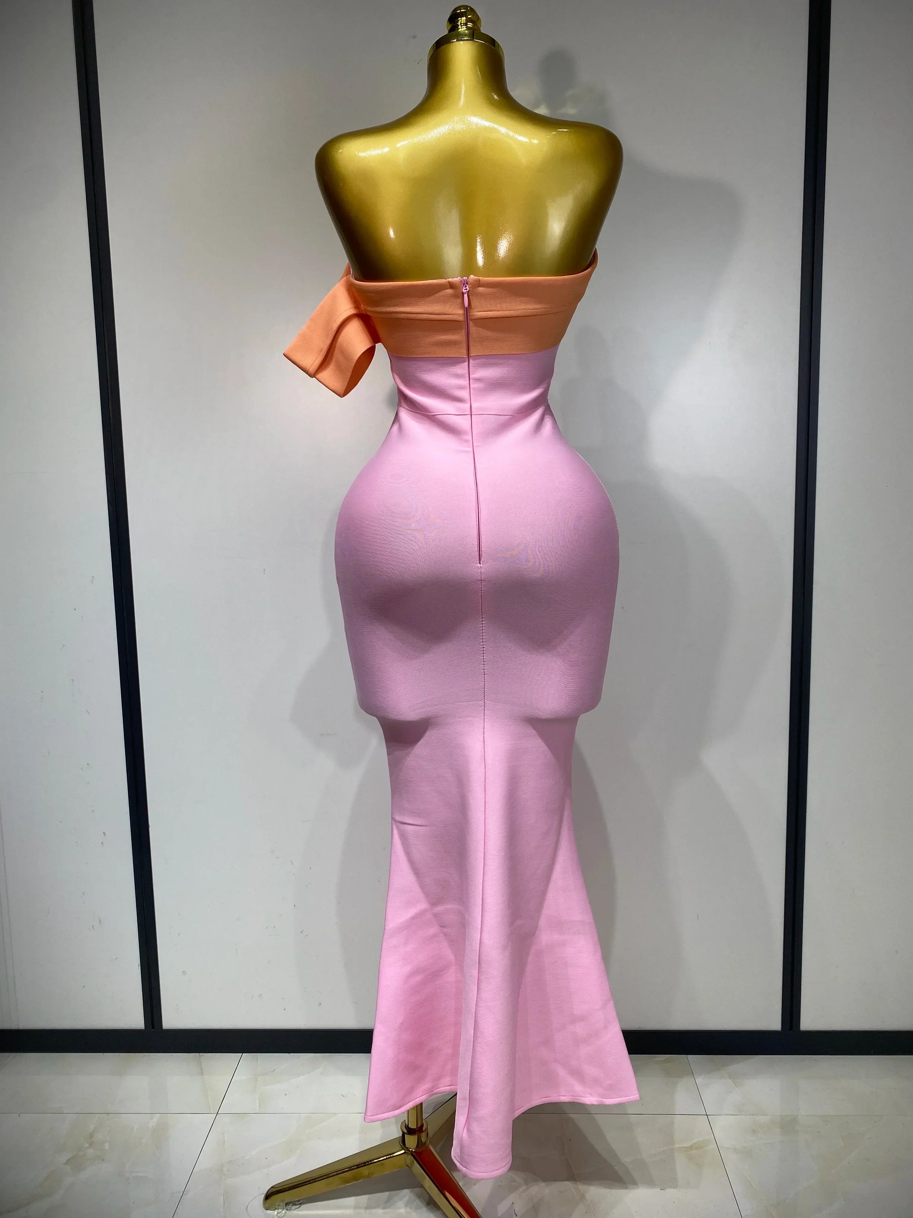 Women Sexy One Shoulder Color Block Bodycon Bandage Dress  Celebrity Elegant Evening Club Luxury Birthday Party Outfit