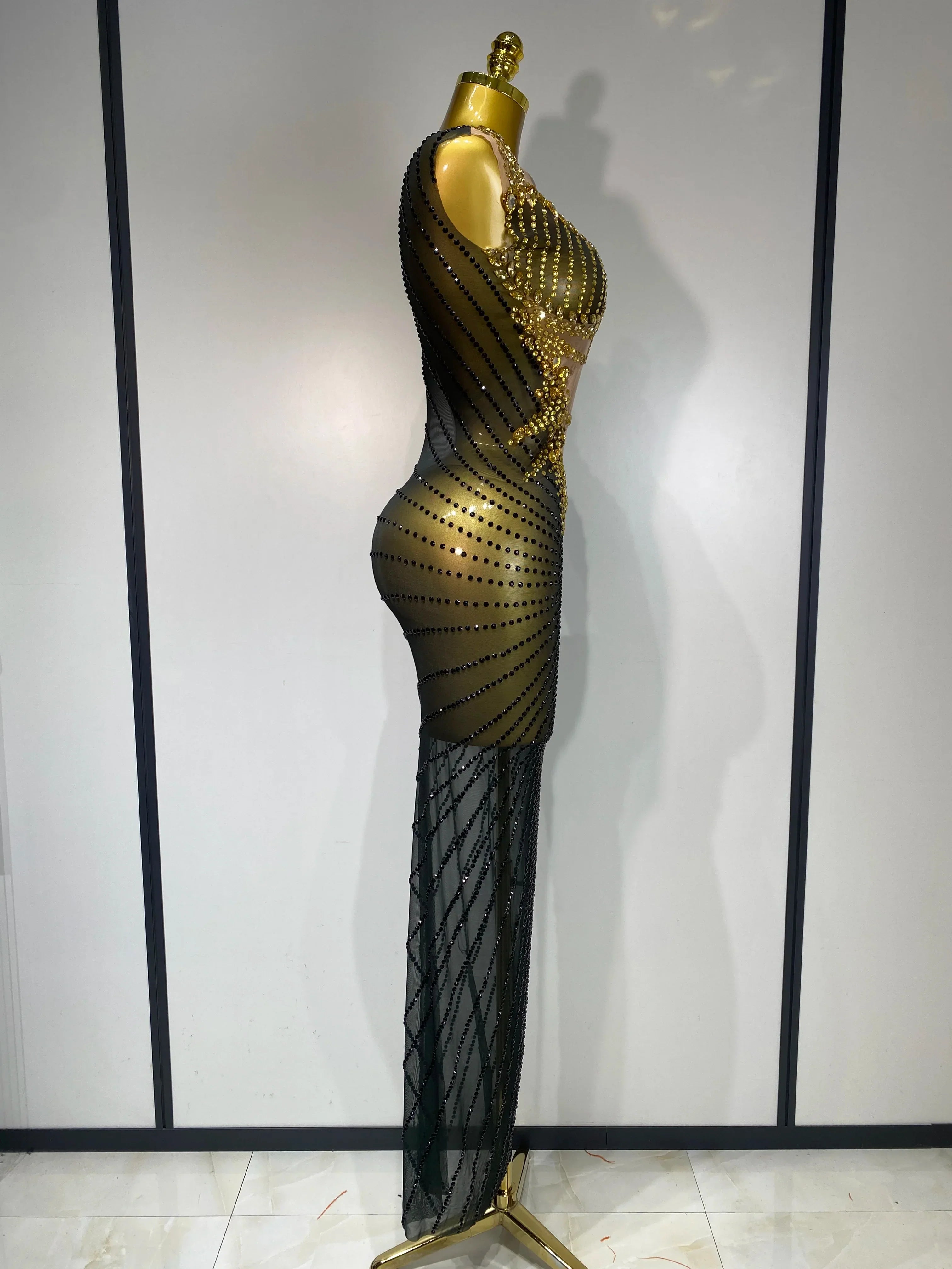 Women Sexy Sparkly Rhinestones Sleeveless Long Dress Club Birthday Celebrate Evening Photo Shoot Stage Performance Costume