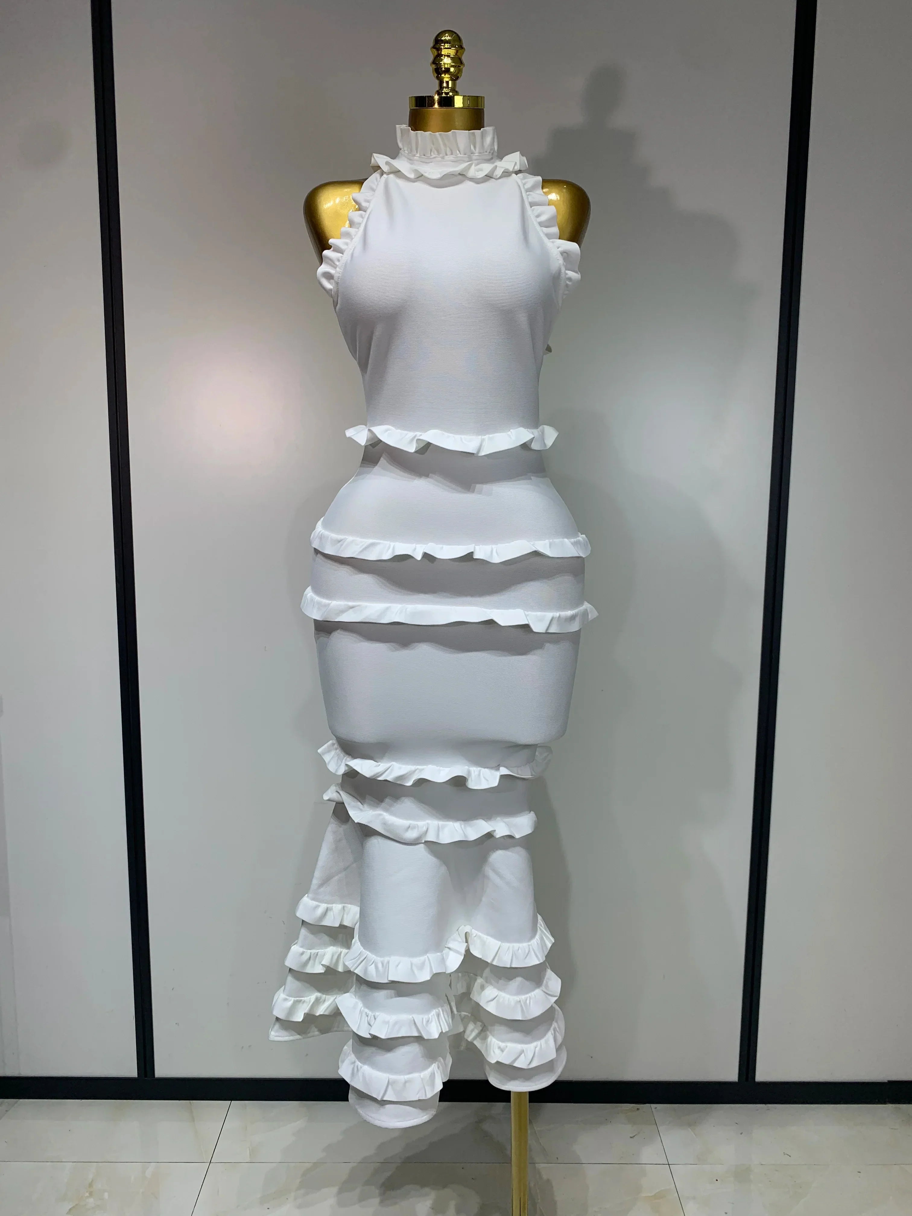 New High quality White Elagant Retro Ruched High Collar Bodycon Bandage Dress Evening Party Fashion Simple Birthday Gown WHITE