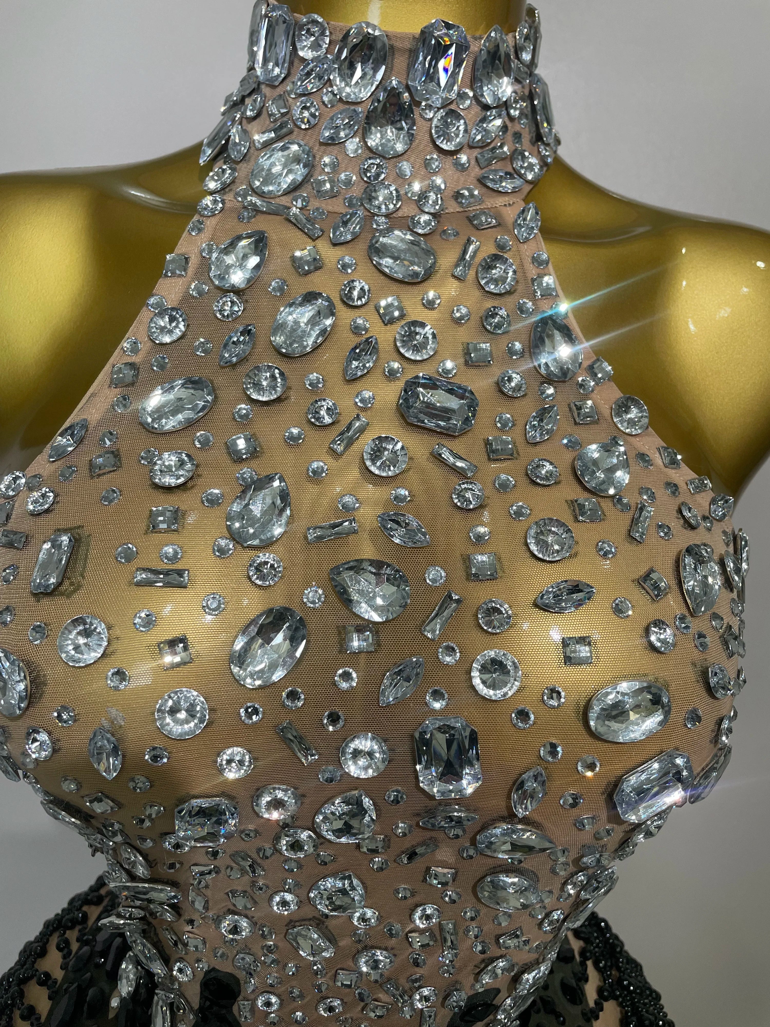 Sparkly Crystals Beading Short Dress  Women Sexy Mesh Backless Evening Prom Celebrate Birthday Dress Photo Shoot Wear